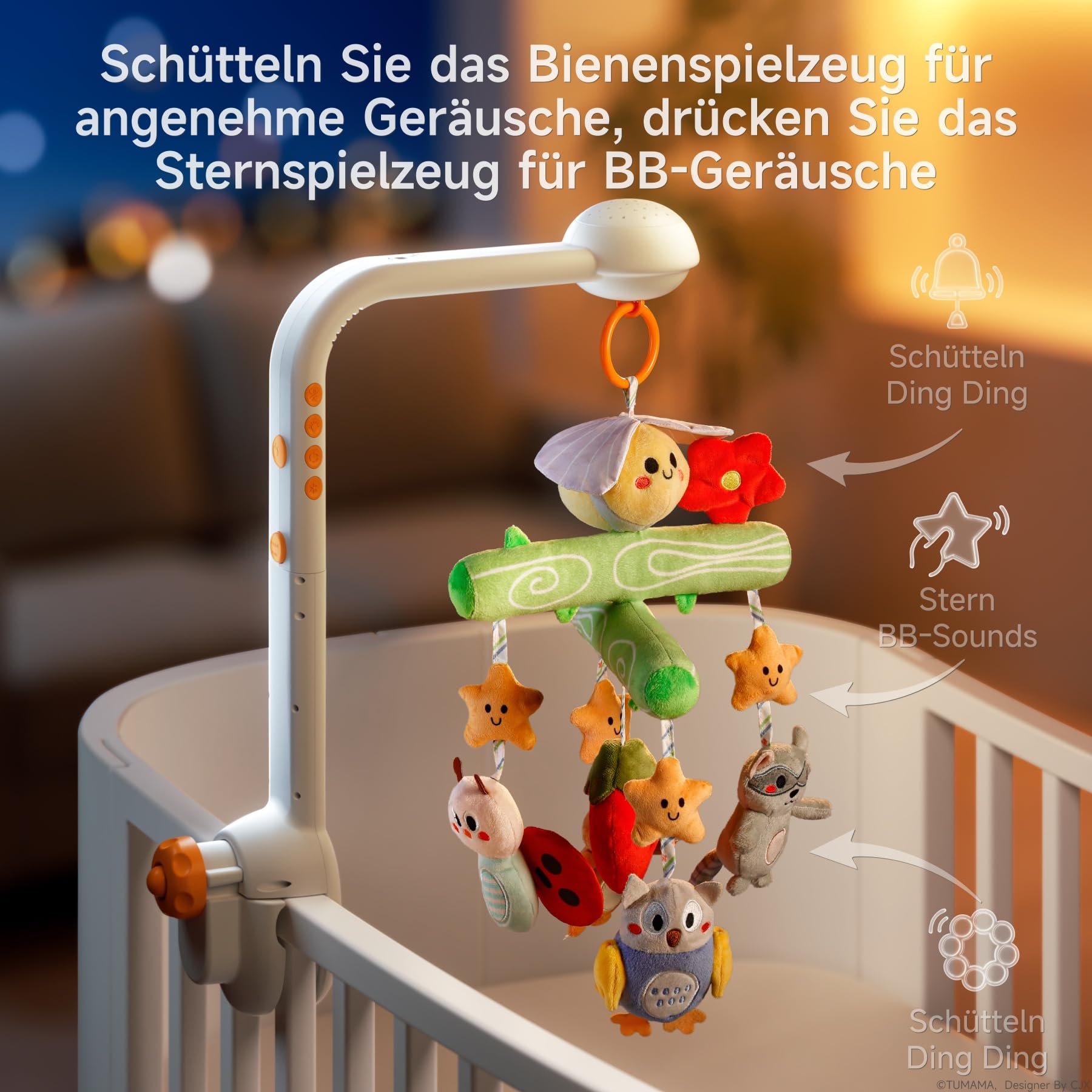 TUMAMA KIDS Baby Mobile Babybett mit Musik und Sternenlicht-Projektor, Spieluhr Baby Spielzeug 0 3 6 9 Monate, Fernbedienung Mobile Babybett Sensorisches Spielzeug für Neugeborene