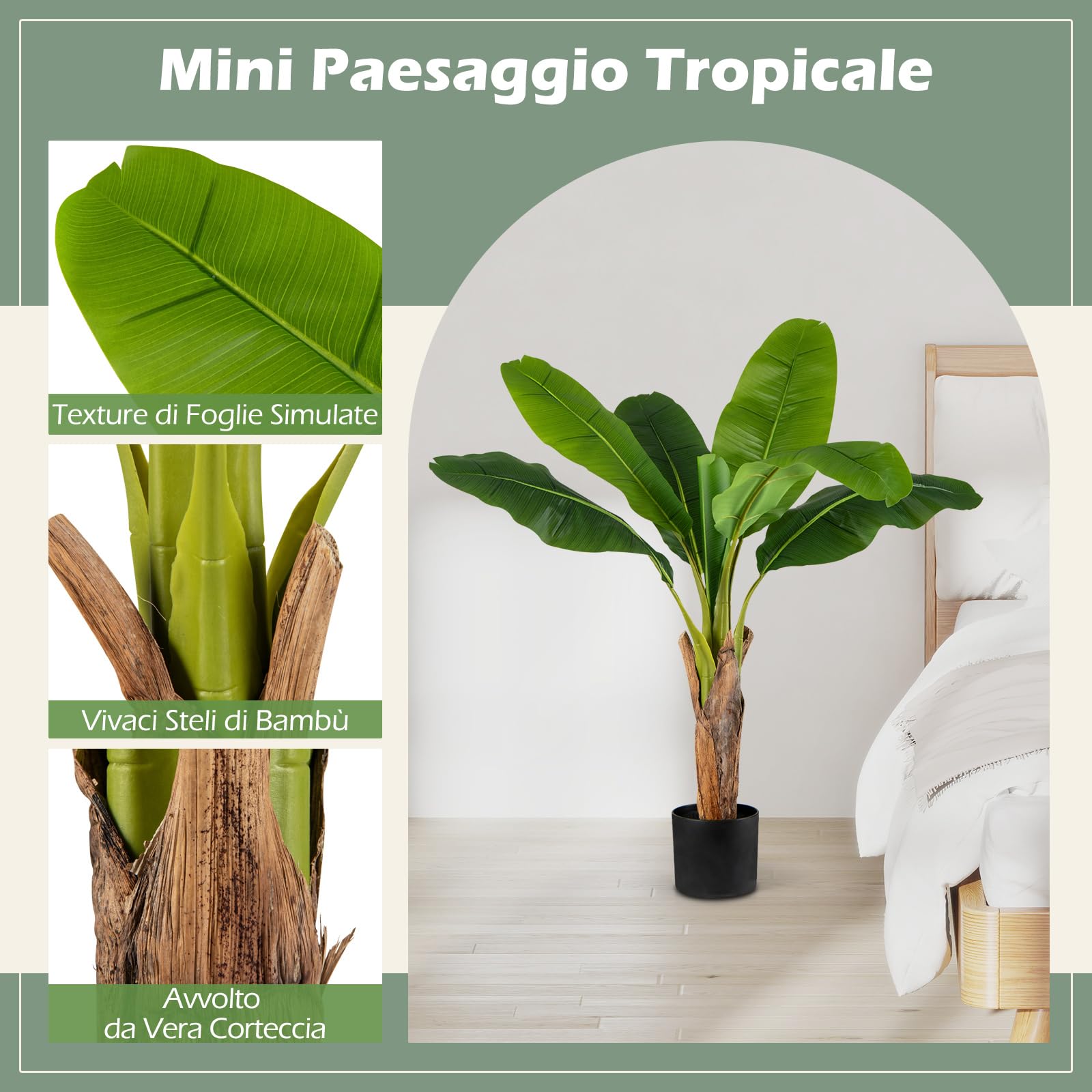 COSTWAY Set da 2 Alberi di Banane Artificiali, Pianta Finta con Foglie di Banana e Rami Regolabili con Vaso, Pianta in Vaso Decorativa da Interno per Soggiorno o Ufficio