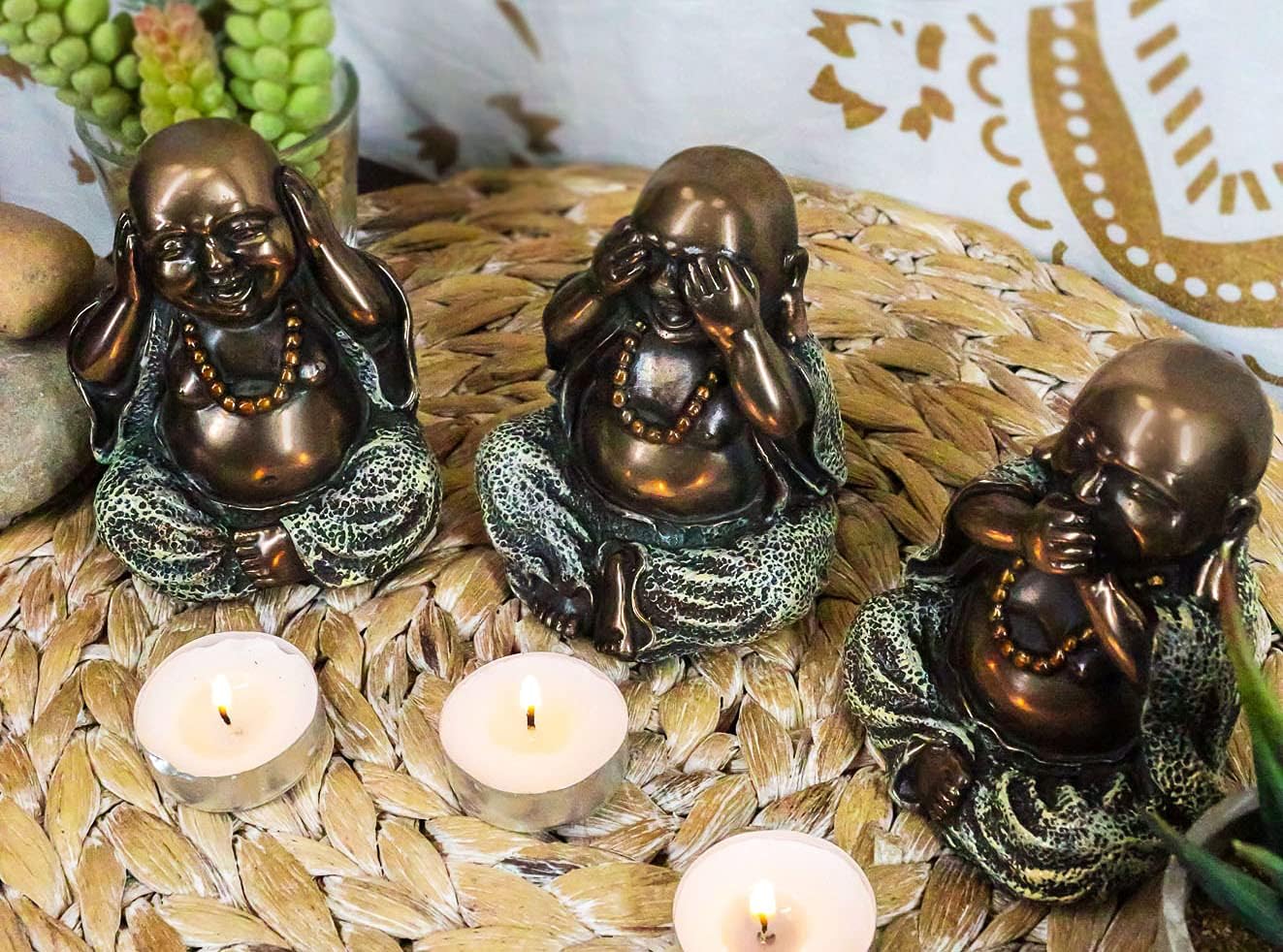 Gifts & Decor Ebros Small Feng Shui Fortune Charm 3 Wise See Hear Speak No Evil Lucky Laughing Buddha Figurines 4" Tall Bodhisattva Eastern Enlightenment Hotei Mini Buddhas Sculpture Set