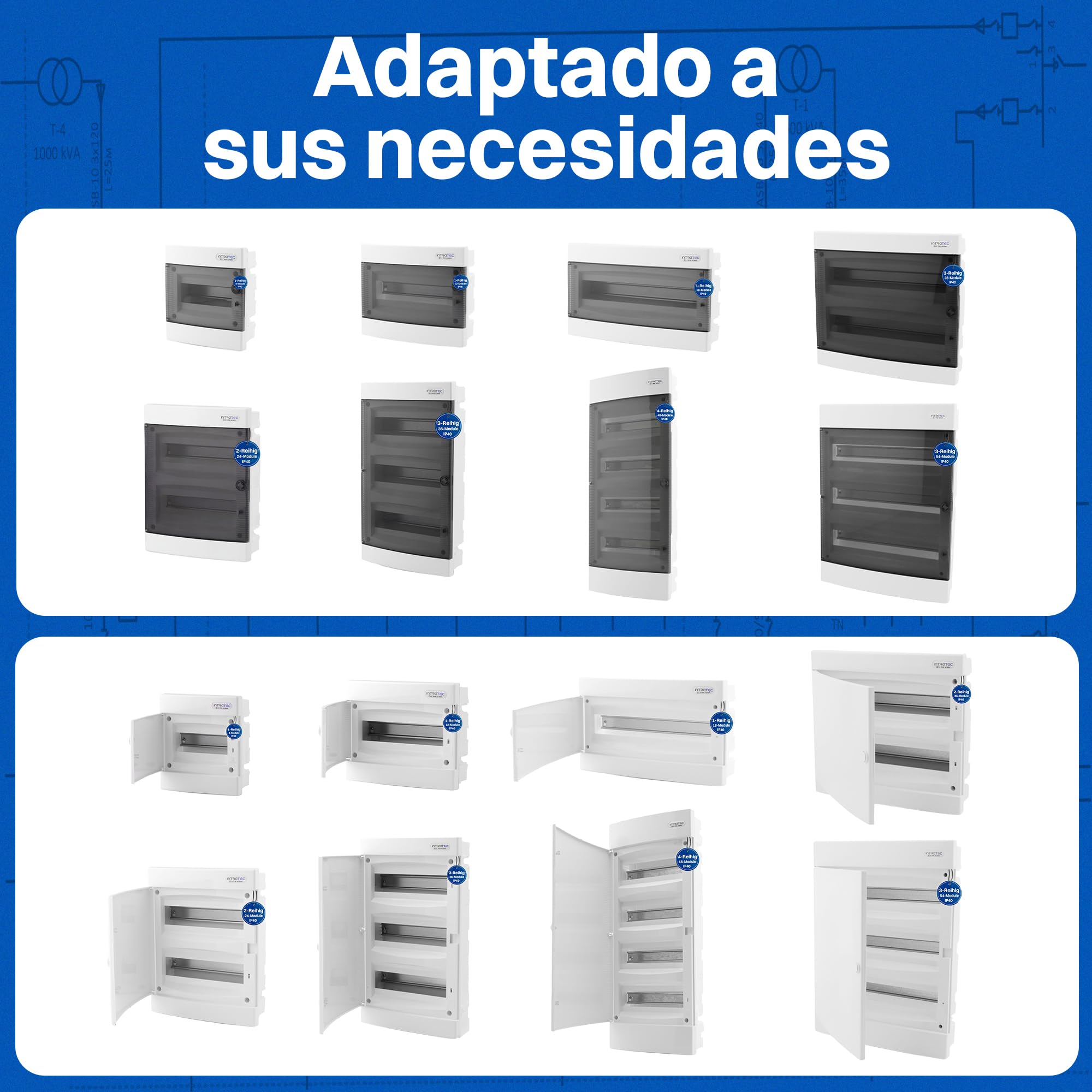 Intratec Caja de Distribución Empotrada 4 Fila – Caja de Distribución IP40 para 48 Módulos con Puerta Transparente y Riel para Instalación Eléctrica Fácil en Casa y Negocios – 676 x 283 x 106mm