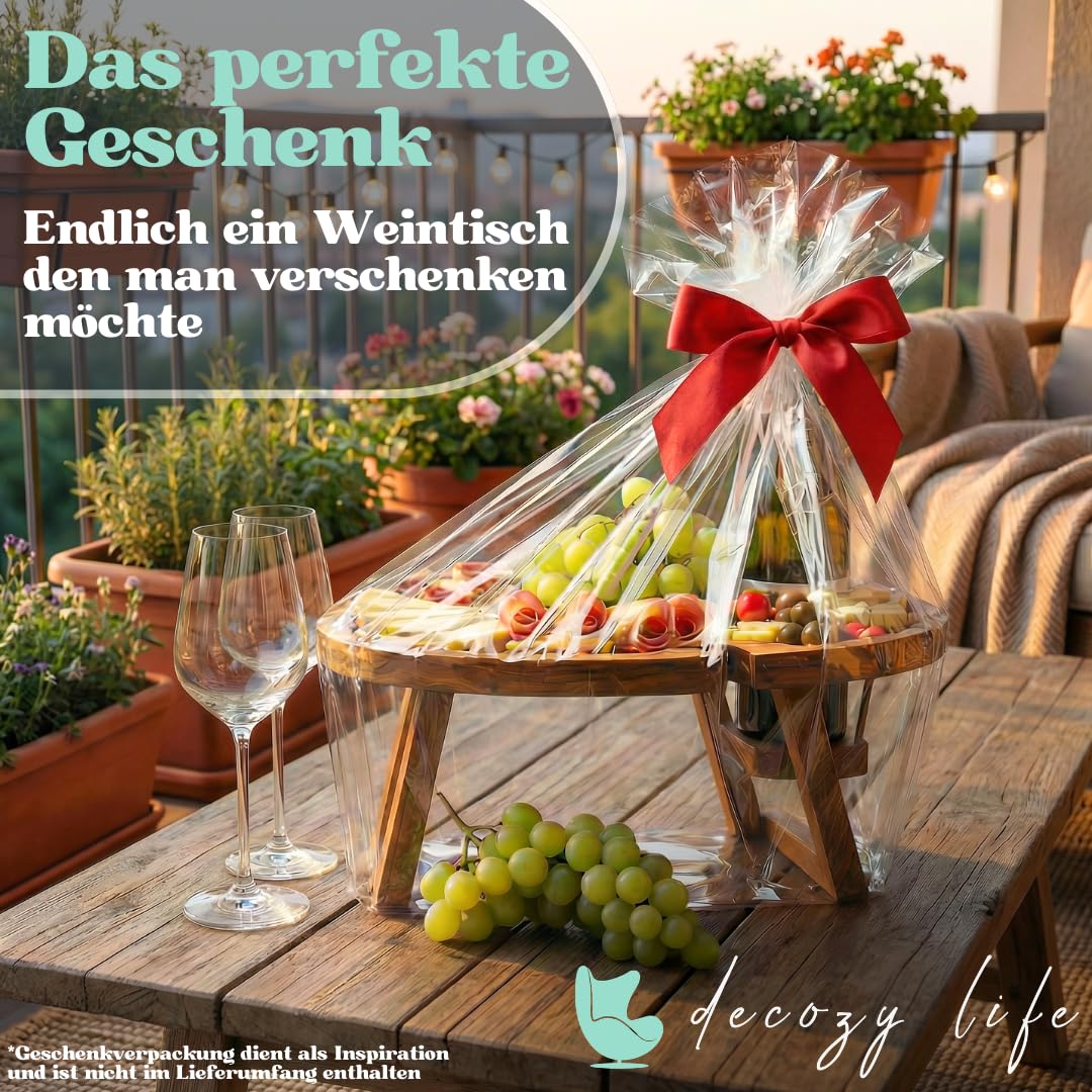 Decozy Life Weintisch Akazie Massivholz - Weinbar & Weintablett für Zuhause oder Outdoor - geeignet als Picknicktisch klappbar - Nutzbar als Weinhalter & Ideal als Strandtisch & Picknick Zubehör