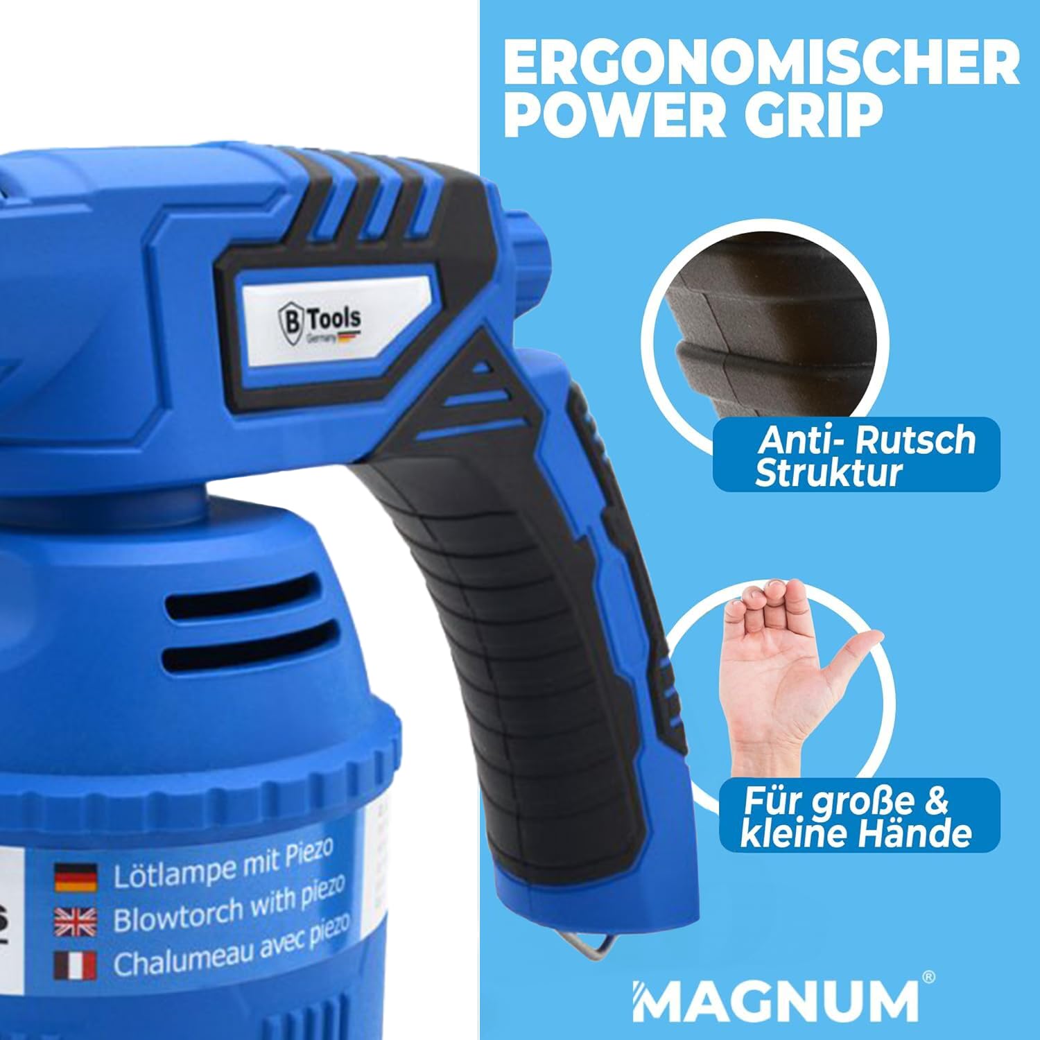 MAGNUM® Lötbrenner [1200°C] – Gasbrenner mit Piezo Zündung und Feinregulierventil – Bunsenbrenner für Löten Auftauen Unkraut entfernen und vieles mehr (4x Gartuschen 190 g)