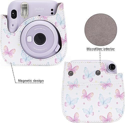 Miniatura 3 de Frankmate Funda protectora compatible con cámara de película instantánea Fujifilm Instax Mini 12 11 9 8 con bolsillo y correa ajustable (mariposa