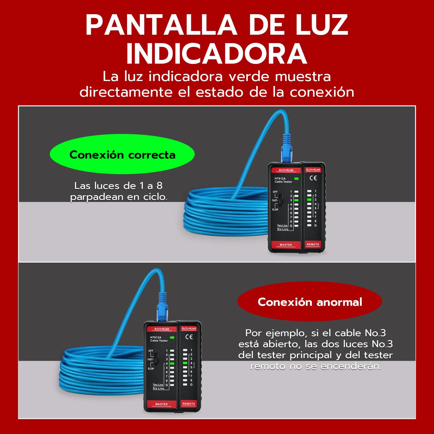 Mcbazel Tester para Cables de Red RJ11 RJ45, Comprobador de Cable de LAN, Comprobador de Cable Telefónico, Cable de Conexión para CAT6A, CAT6, CAT5E, CAT5
