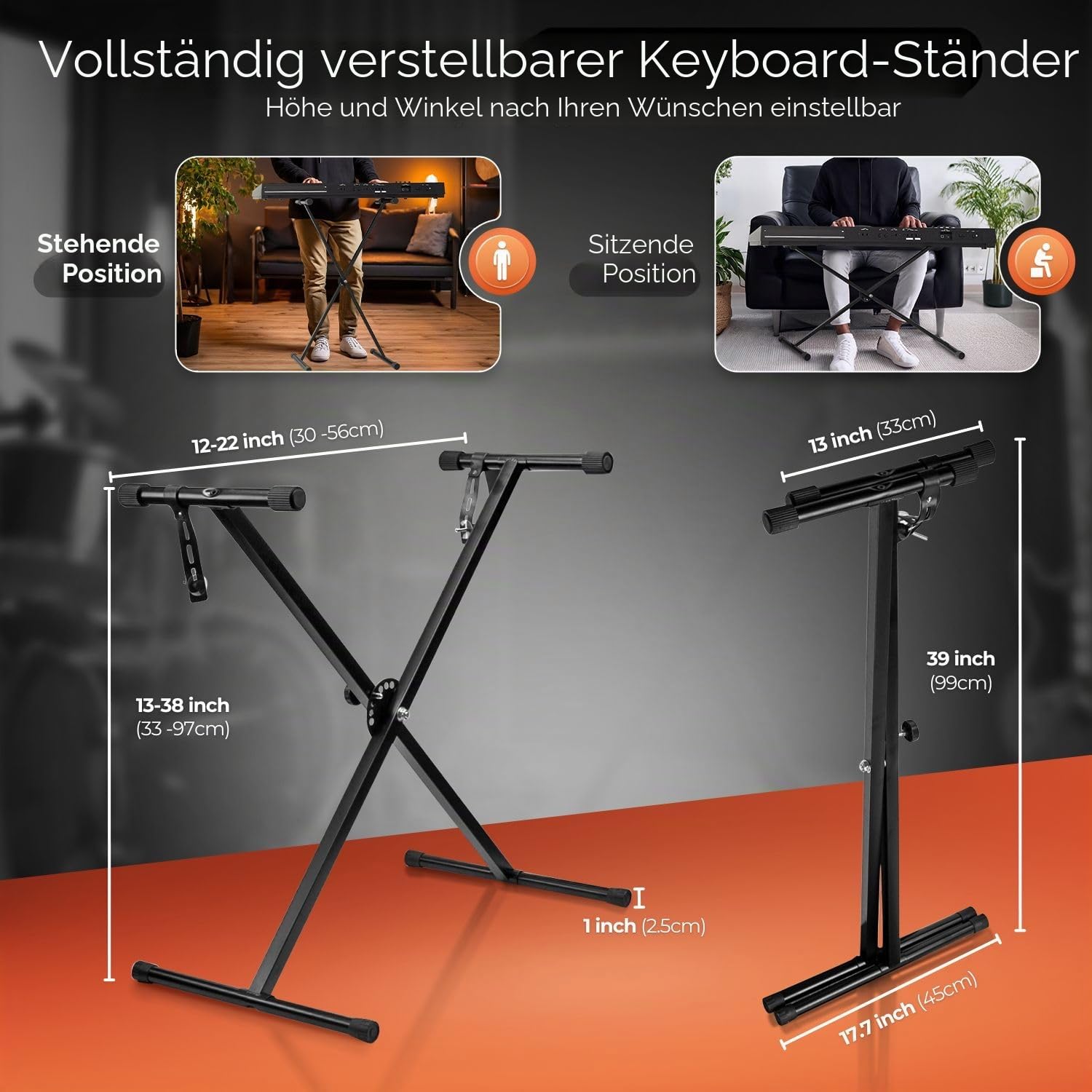 Flexzion Klassischer Keyboard-Ständer für Musiker, elektronisches Klavier, Orgel, Einzelrohr, X-Typ, 7 Positionen, zusammenklappbar, höhenverstellbar, Metallstreben, tragbar, mit Verriegelungsriemen