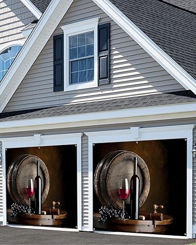 Miniatura 3 de Red White Wine Glasses Garage Door Decorations, Wooden barrel Art Garage Door Banner Cover with Grommets, Garage Door Mural Backdrop Decoration for
