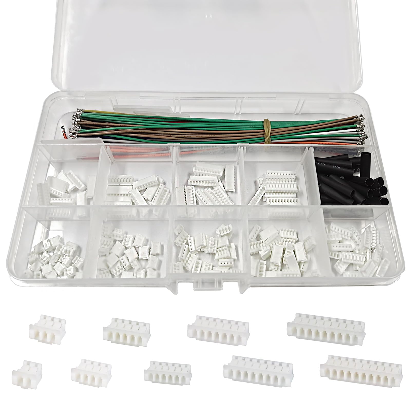 ZH 1.5MM 140Pcs JST Connector Kit with 100Pcs 28AWG Premium Pre-Crimped Cables, 2/3/4/5/6/7/8/9/10 Pin Housing JST Adapter Cable Connector Plug Terminals