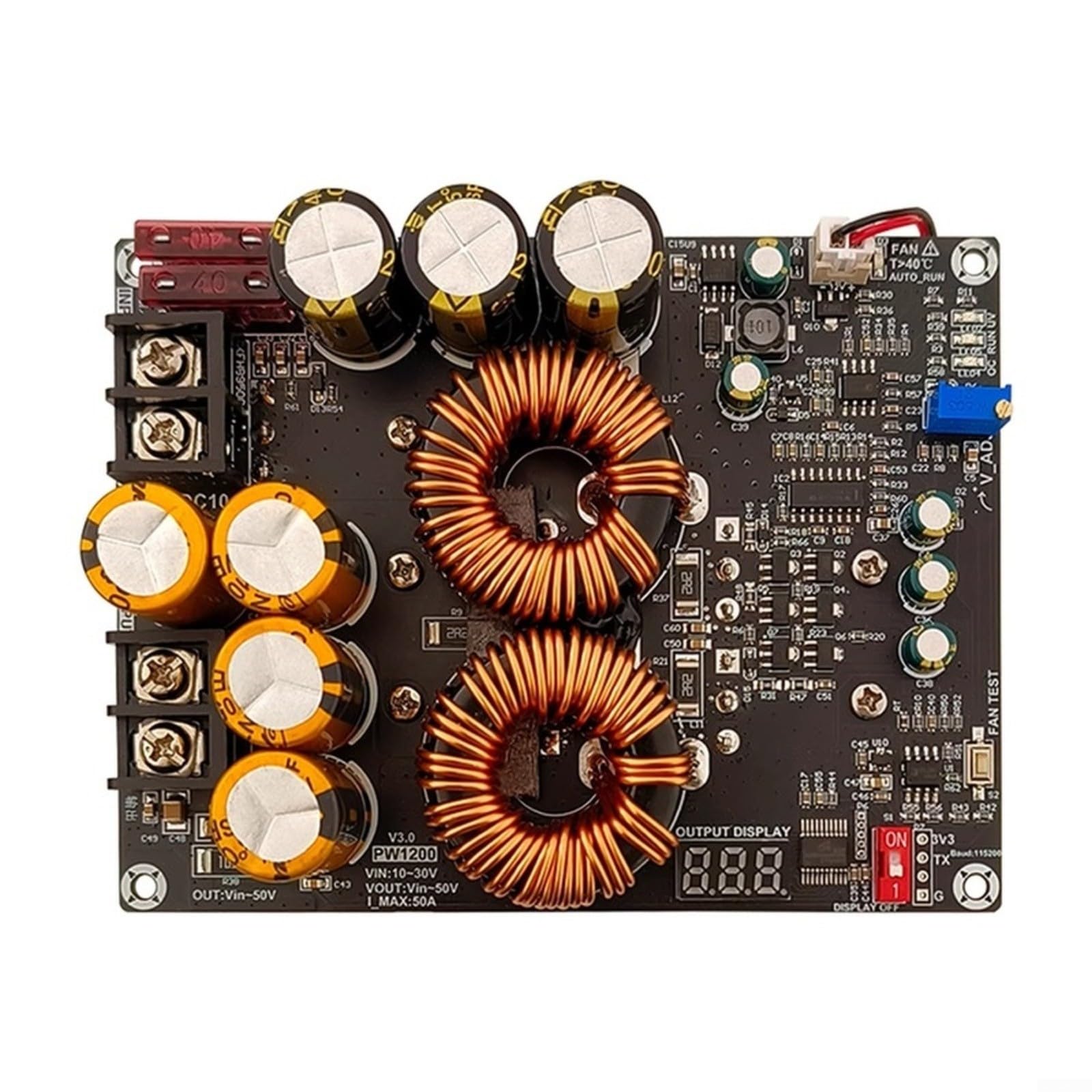 Convertidor de impulso de 1200 W, módulo de alimentación ajustable de 50 A, para potenciador de audio, diseños de inductor dual, con protección contra sobrecorriente, entrada CC 10-30 V a