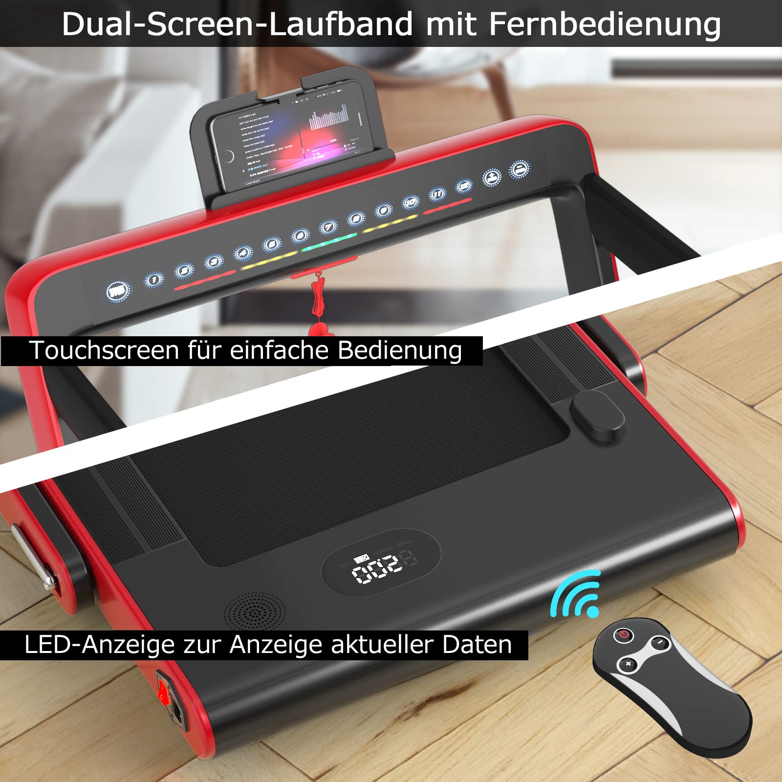 2 in 1 opvouwbare elektrische loopband 1 tot 12 km/u met Bluetooth-luidspreker afstandsbediening 1,67 kW motor zwart en blauw