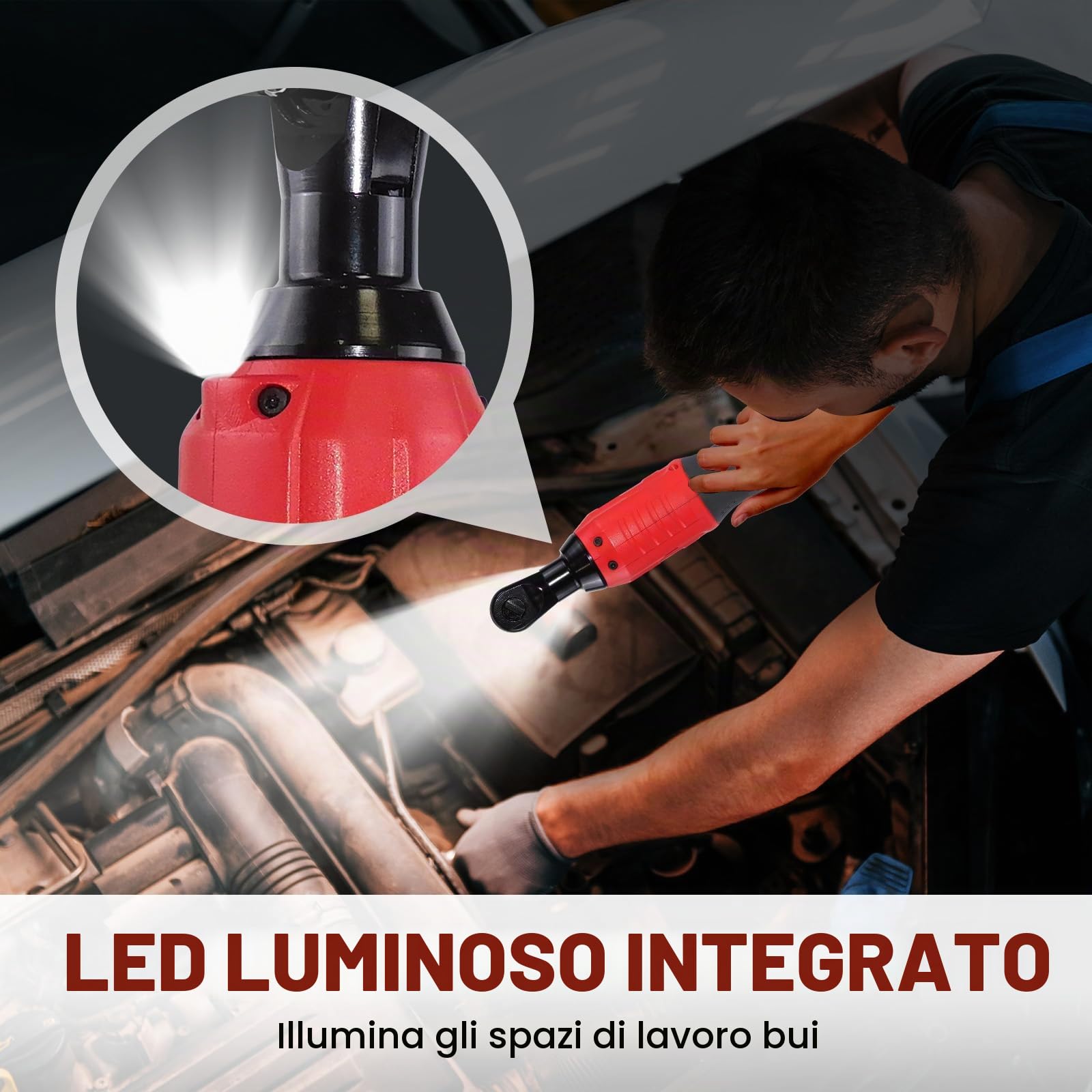 Chiave a Cricchetto Elettrica Senza Fili Set, Chiave a Cricchetto a Batteria 12V, 3/8", 40Nm Cricchetto a Batteria con 2 Batterie da 1,5 Ah + Luce LED + 7 x Chiavi a Bussola per Riparazione Auto