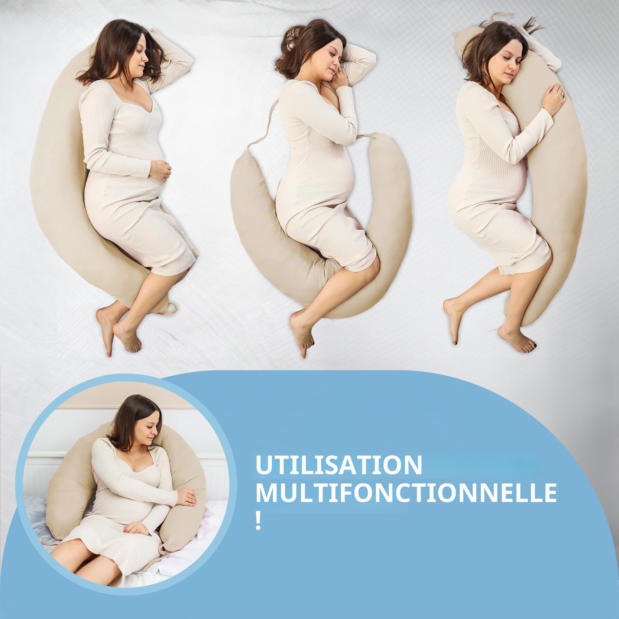 Totsy Baby Coussin de Soutien 190 cm Coussin de positionnement Adulte – Long Coussin de Relaxation pour Lire et s'adosser soutient Le Dos et Les Jambes Housse Amovible Zip Beige Oeko-Tex