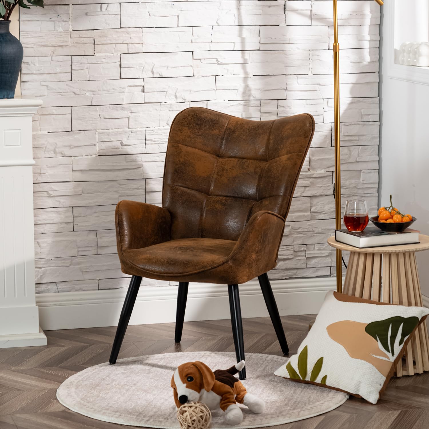 MEUBLE COSY Poltrona Imbottita Sedia da Salotto con Braccioli Poltroncina Relax con Schienale Alto e Cuscino Spesso Gambe in Metallo per Camera da Letto Soggiorno in Pelle Scamosciata Marrone