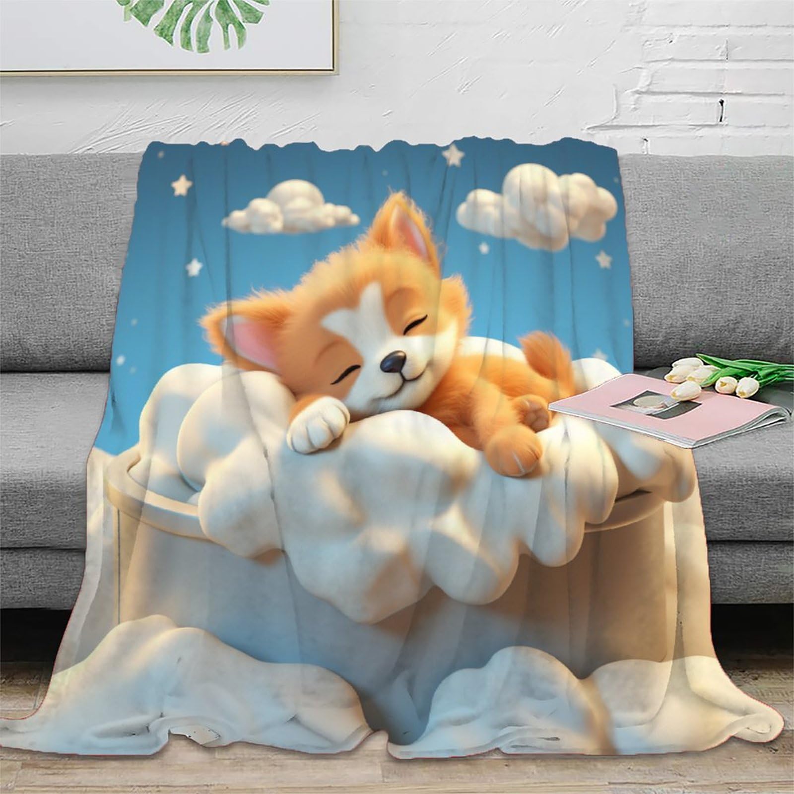 Cute Puppy Sleeping Print Blanket for Sofa Couch Bed Fleece Throw Blanket Decorative Cartoon Dog Theme Sherpa Blanket 3D Pattern Plush Fuzzy Blanket 40x50inch(100x130cm)
