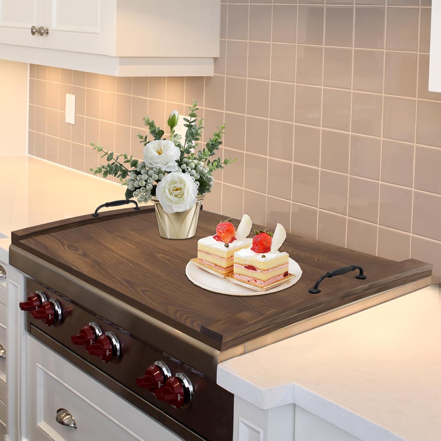 Noodle Board Gas Stove Covers Handmade Pine Wood Noodle Board with Handles Stove Covers for Electric Stove Top Many Uses Large Noodle Board Counter Space and Heavy Solid Serving Tray (Natural Pine) Brown