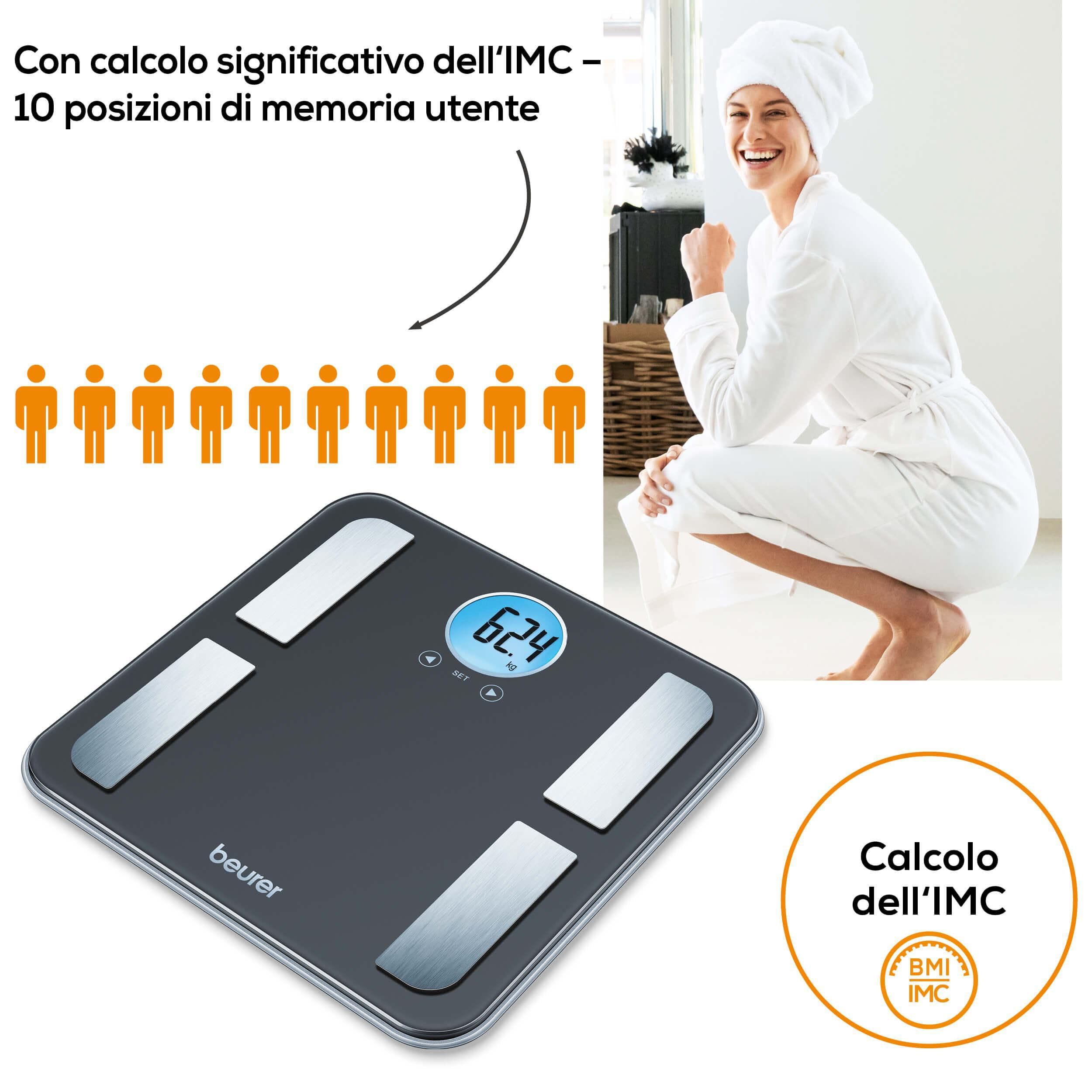 Beurer BF 195 Bilancia Diagnostica in Vetro, con Display LCD Rotondo, adatta per la determinazione del grasso corporeo, della percentuale muscolare e del fabbisogno calorico