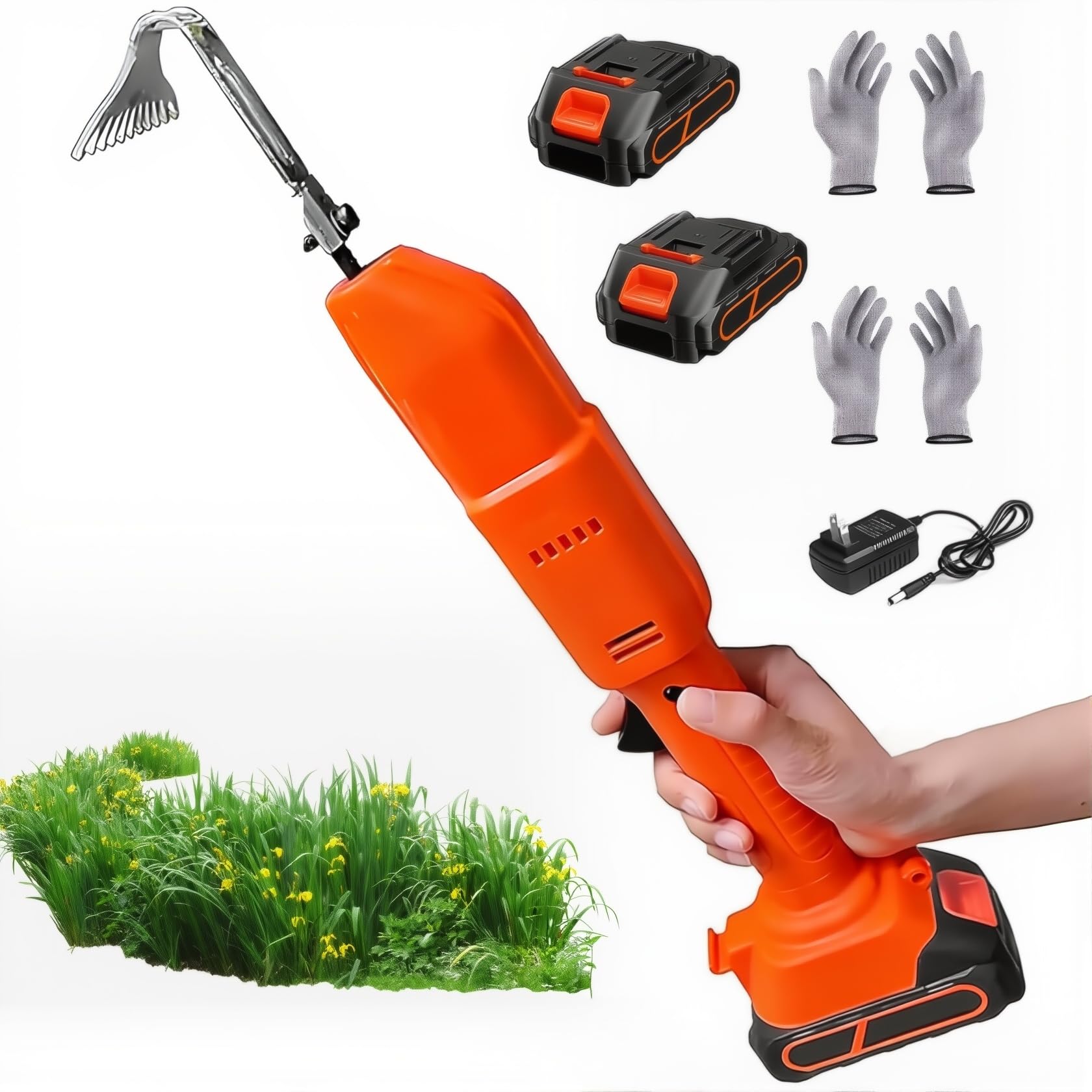 Zappa e Diserbatore Elettrico, Fresa da Giardino Senza Fili con 1/2 Batterie & Asta Lunga, Mini Zappa Elettrica per Scavare, Diserbare e Ammorbidire Il Terreno, 2 Paia di Guanti Two Batteries