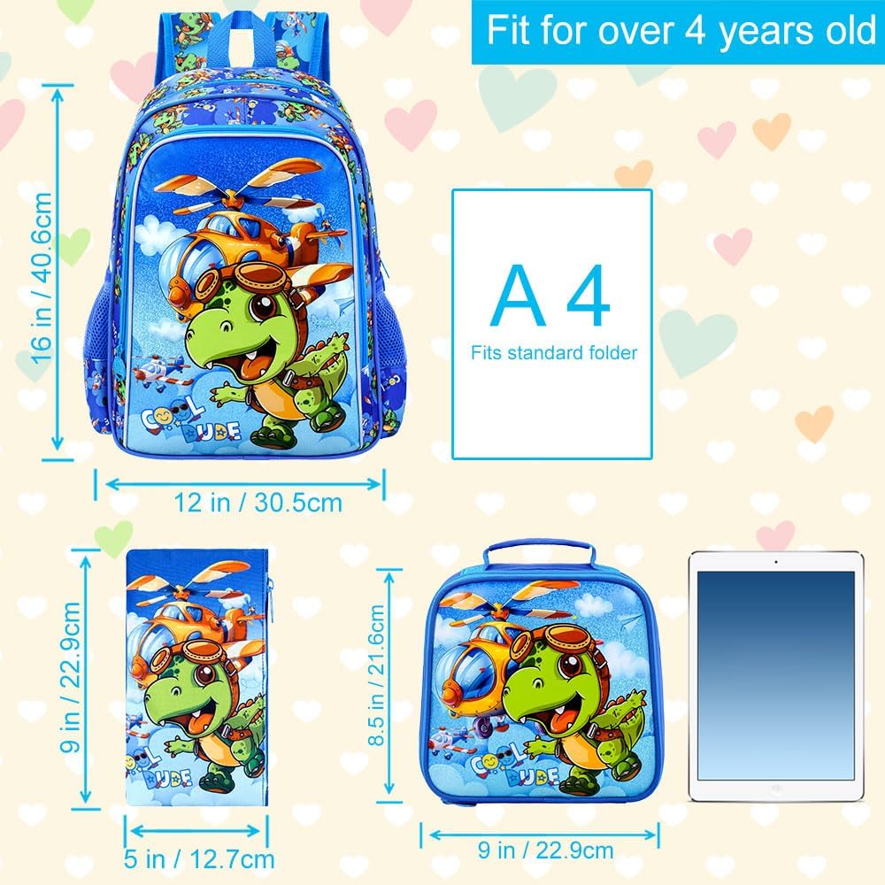 AGSDON 3PCS Dinosaur Backpack for Boys, 16" Kids Bookbag Water Resistant for boy, Lightweight Backpacks with Lunch Box Pencil Case - Image 4