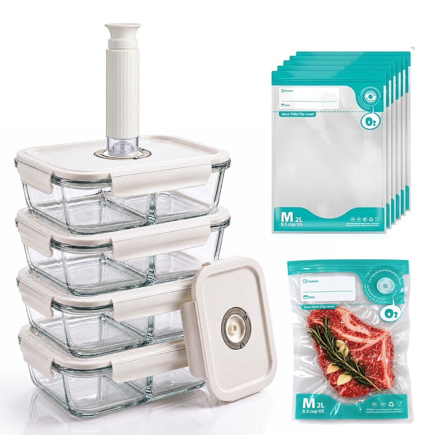 19 recipientes de almacenamiento de alimentos de vidrio de borosilicato al vacío, 2 compartimentos, herméticos, tapas, cajas Bento, 4 contenedores (34.5 onzas), bomba de mano, 10 bolsas