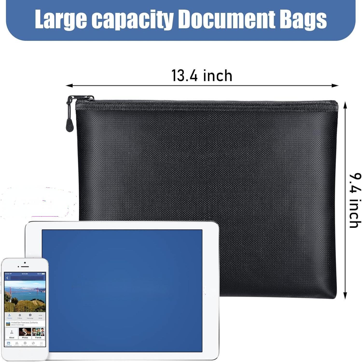 Epakh Lot de 6 pochettes ignifuges de 33,4 x 24,9 cm, imperméables et ignifuges avec fermeture éclair, sac de rangement sûr pour documents A4, argent, passeport et tablette