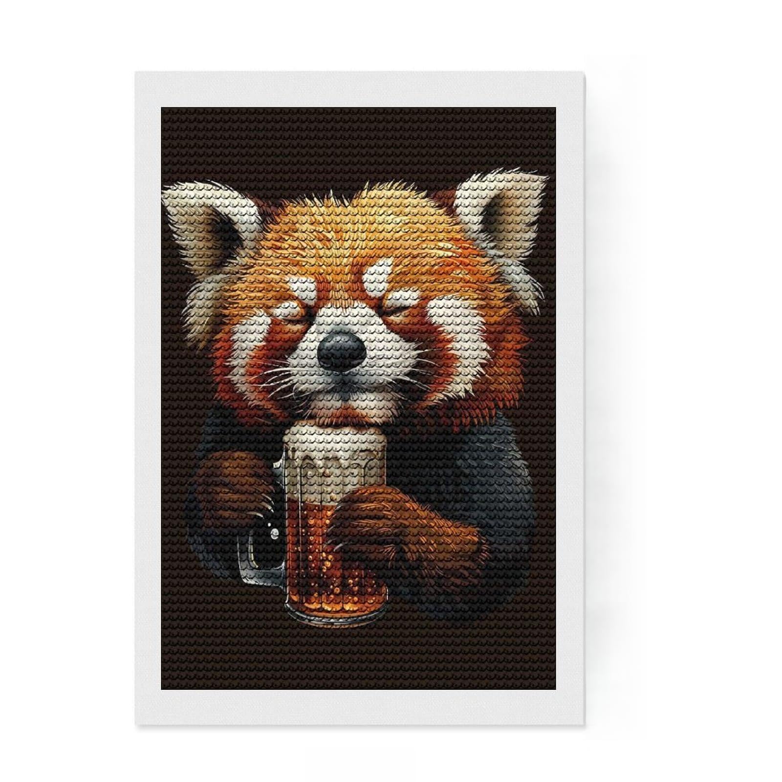 Junmoney Red Panda Beer Diamond Painting Set 8"x12", Printed Canvas, Finish and Display, Home Wall Decor, Gift Idea, Neat Printed Canvas
