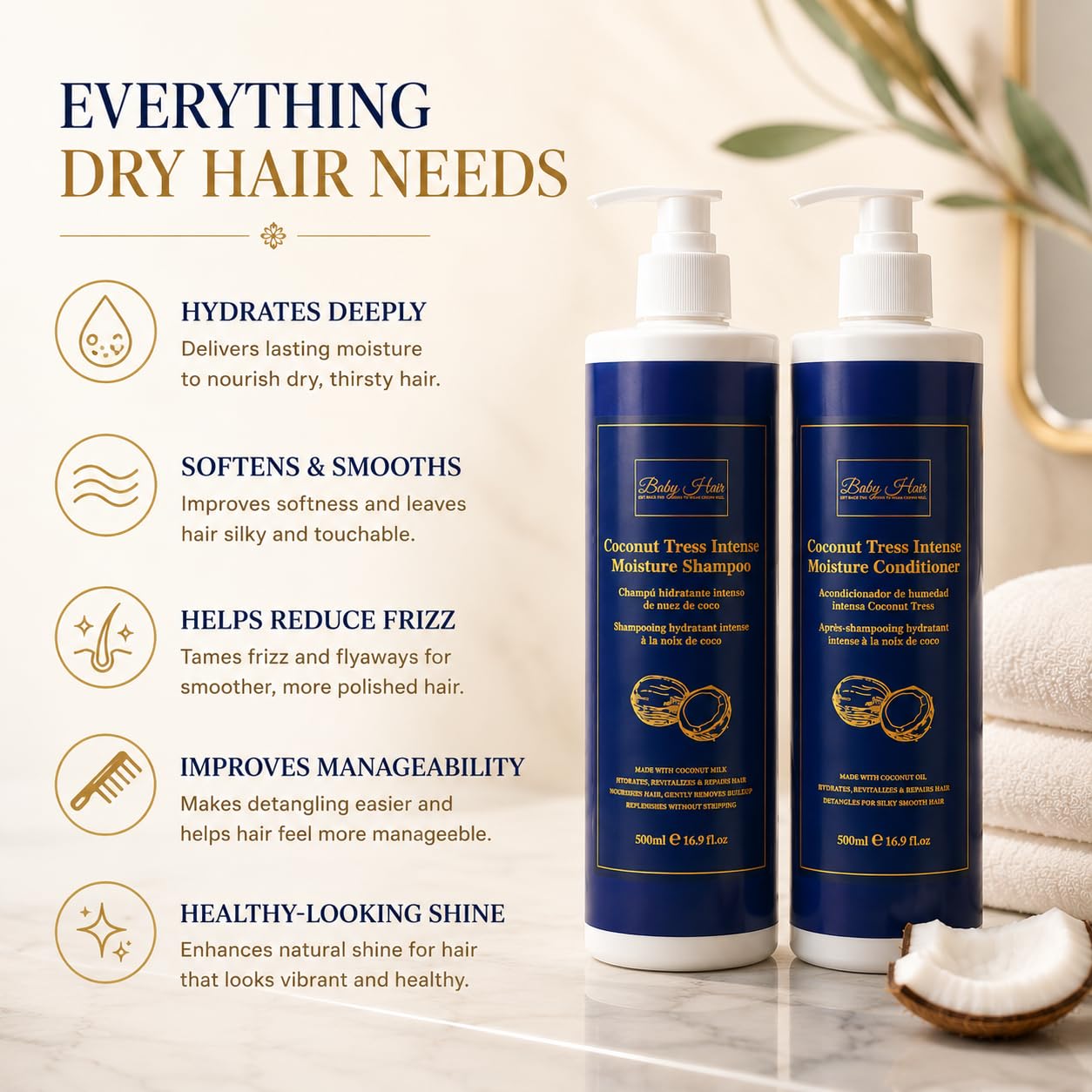 Baby Hair Coconut Tress™ Intense Moisture Shampoo & Conditioner Set | Deep Moisture Hair Care Duo with Coconut Milk, Macadamia & Camellia Oils | Softens, Hydrates & Helps Reduce Frizz | 16.9 oz Each image 4