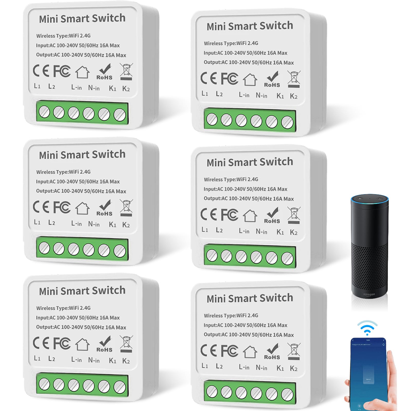 GAOUTO Lote de 6 módulos inteligentes - Mini interruptor Wi-Fi de 2 vías - Compatible con Alexa y Asistente de Google - Interruptor Smart Life - Se necesita conductor neutro