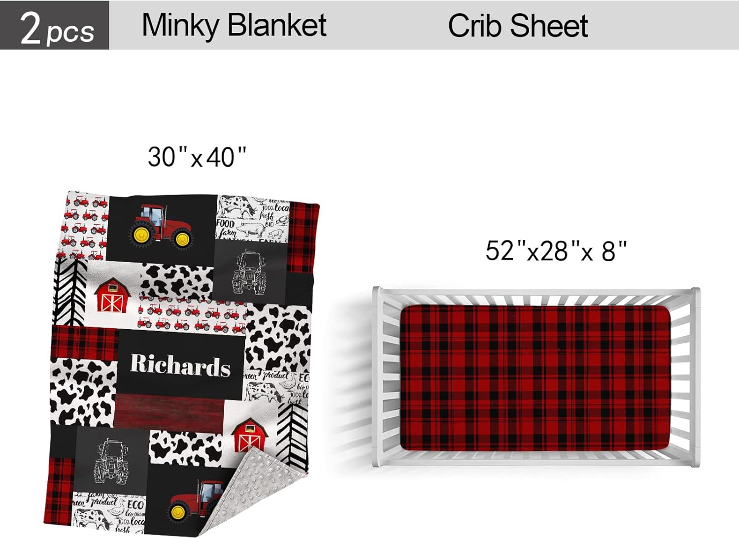 Personalized Crib Bedding Set for Baby Girls, Custom Baby Boy Crib Bedding Set with Name, Red Tractor Nursery Bedding, 2 Piece Baby Crib Bedding Sets, Farm Crib Comforter, Crib Fitted Sheet for Baby