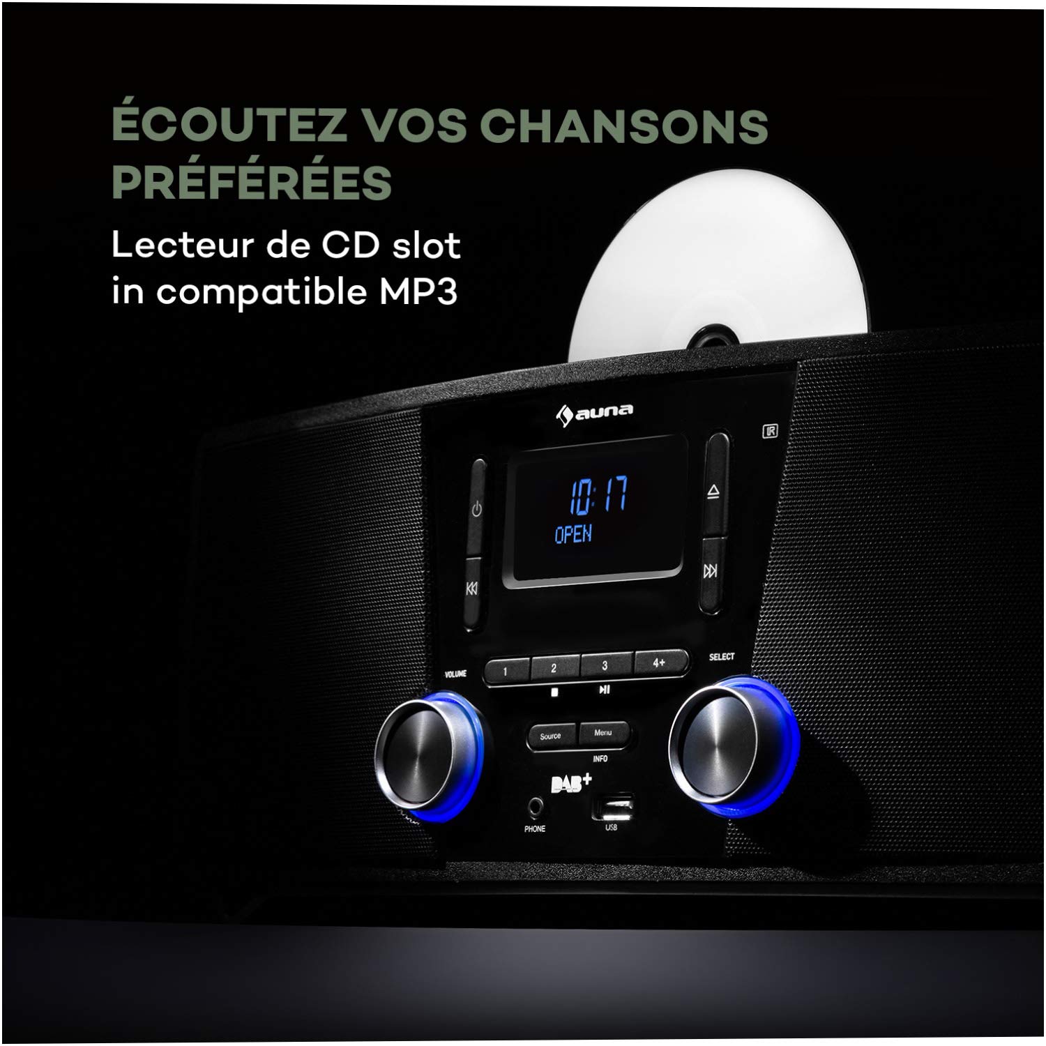 auna Stockton Micro chaîne stéréo - 20W Max. (2X 5W RMS), Dab+, Tuner Radio FM, Fonction RDS, Lecteur CD, Bluetooth, Port USB, AUX-in, écran OLED, X-Bass, EQ, minuterie, Fonction réveil, Noir