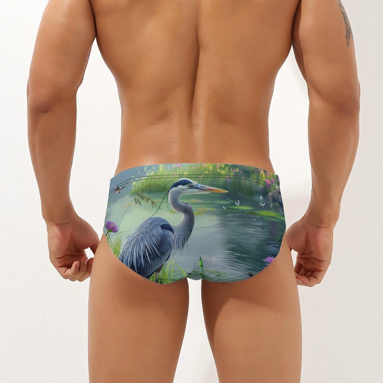 Biding Time Great Blue Heron Mens Swim Briefs Bikini Swimwear Print Beach Shorts Sexy Swimsuit S