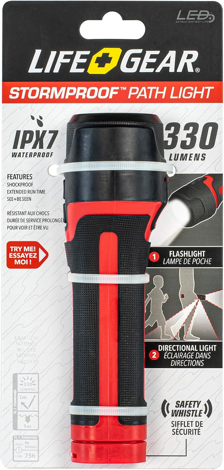 Life Gear Waterproof Flashlight with 3 Direction Path Light for Safe Walking at Night, 150 Lumens, Safety Whistle , Black,Red, 7.3" x 1.9" x 1.9"