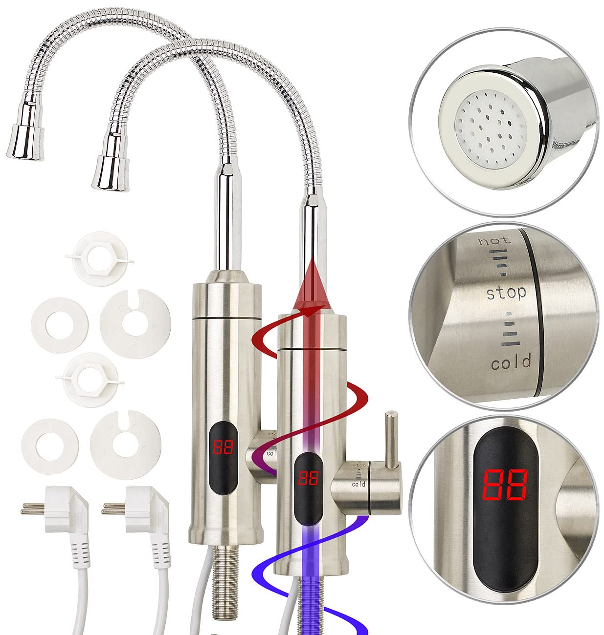 Rosenstein & Söhne Durchlauferhitzer Küche: 2er-Set 2in1-Edelstahl-Armatur & Durchlauferhitzer, Display, für 1/2" (Wasserhahn Küche, Mischbatterie, 230V)