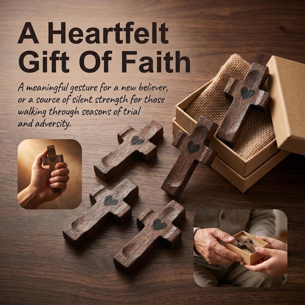 Uelkr 6Pcs Pocket Wooden Cross Fidget, Cross My Heart, Encouragement Gift Stress Relief Cross, Relieve Anxiety Easter Gift for Prayer Clutching Clinging and Praying Christian Religious