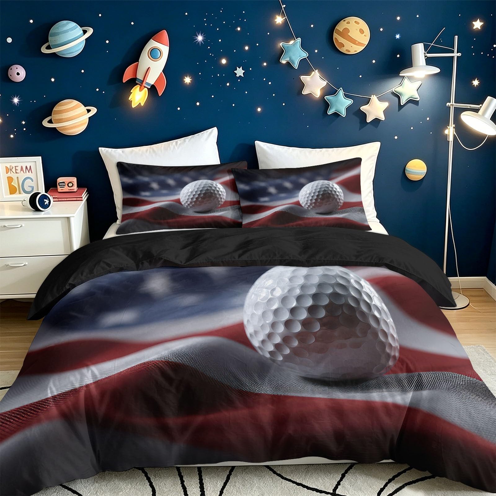 Sportowe zestawy pościeli w rozmiarze King Size - 3D amerykańska flaga golfowa poszewka na kołdrę miękka mikrofibra łatwa w pielęgnacji poszewka na kołdrę z 2 poszewkami na poduszki dla dorosłych