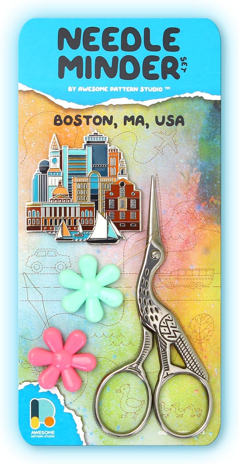 Awesome Pattern Studio Needle Minder Set – Boston Magnetic Needle Minder + 2 Needle Threaders + Crane Scissors. Enamel Pin for Cross Stitch, Embroidery and Craft