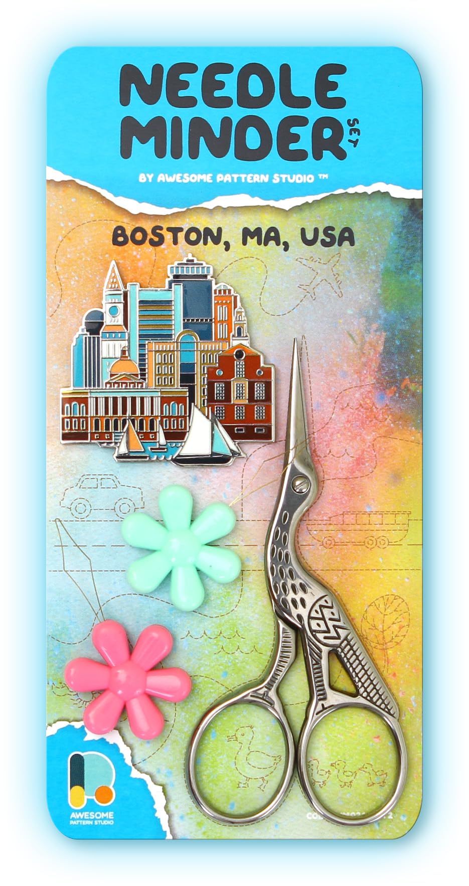 Awesome Pattern Studio Needle Minder Set – Boston Magnetic Needle Minder + 2 Needle Threaders + Crane Scissors. Enamel Pin for Cross Stitch, Embroidery and Craft
