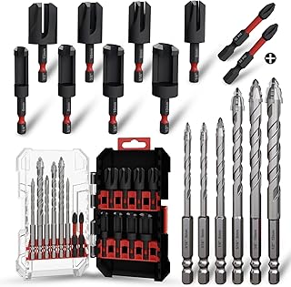 Wood Plug Cutter Drill Bit Set 16-Piece, Straight and Tapered Cutting Tools，Includes Screwdriver Bits and Masonry Drill Bit Set, 1/4" Hex Shank for Woodworking with Storage Box
