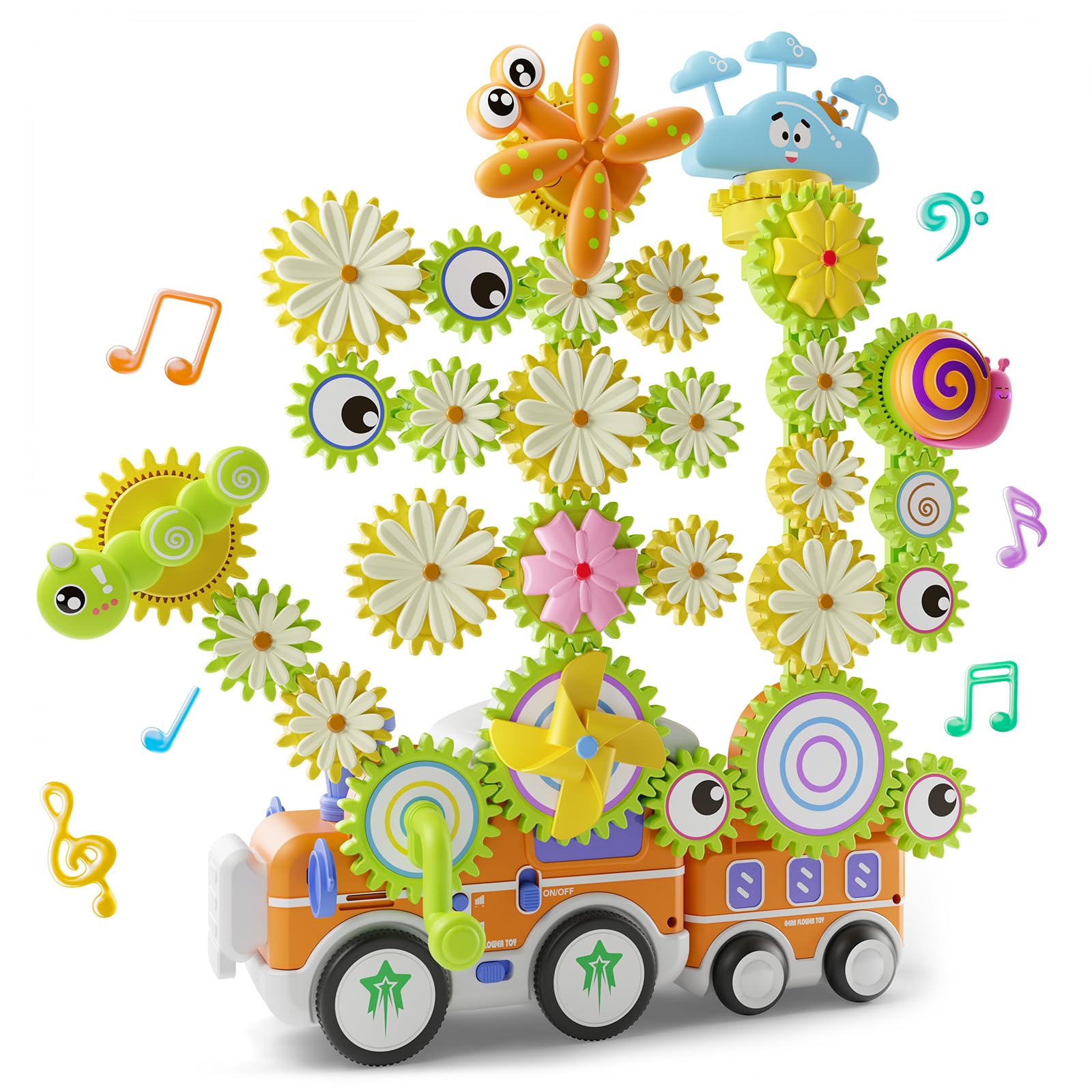 HEMRLY Light-Up Musical Train Gear Building Set with Flower Gears Plus