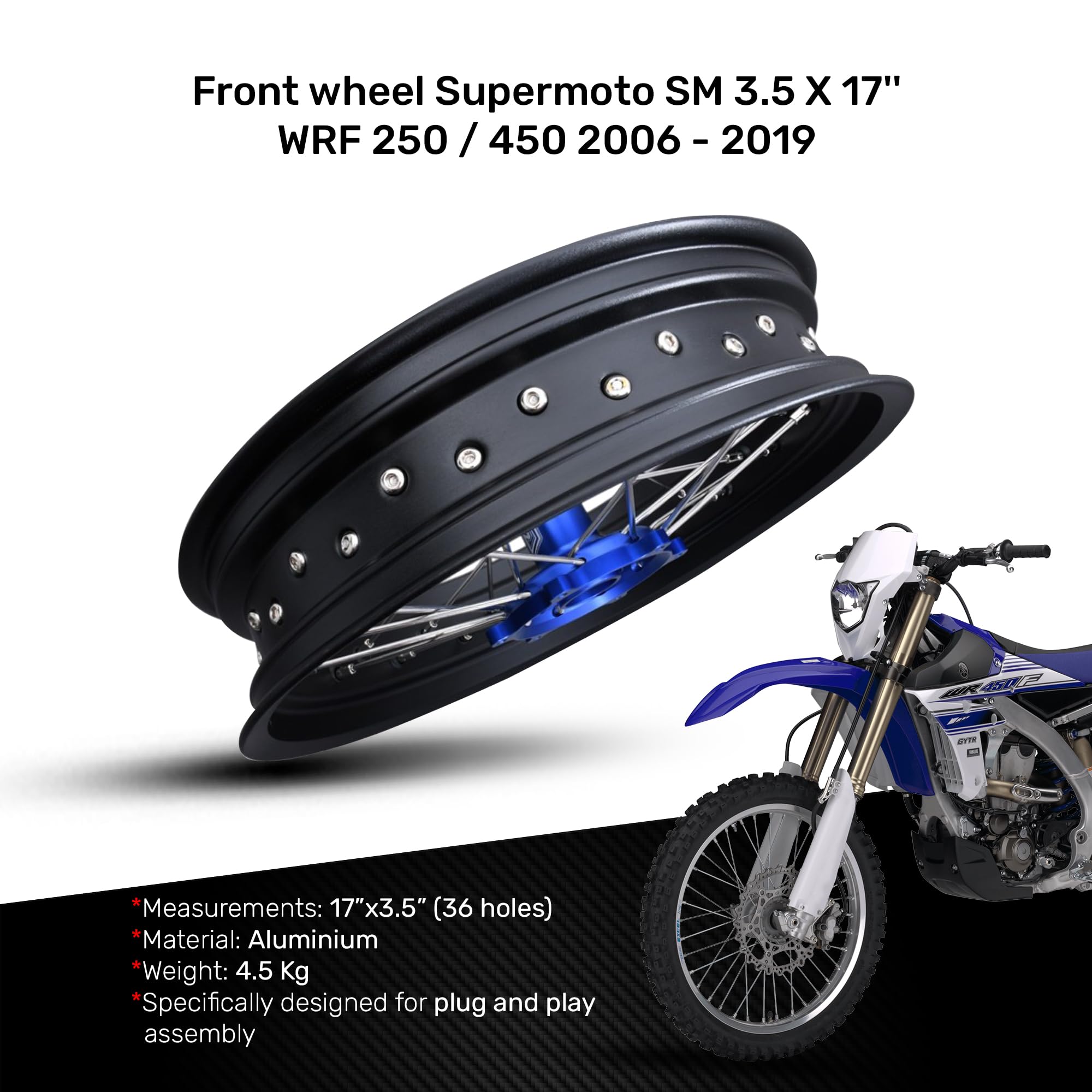 avdb -motocykl szprychowe koło/przednia felga 3,5'' x 17'' kompatybilna z YAMAHA WRF 450 WR450F 2006-2018, WRF 250 WR250F 2006-2019 Supermotard (niebieski)