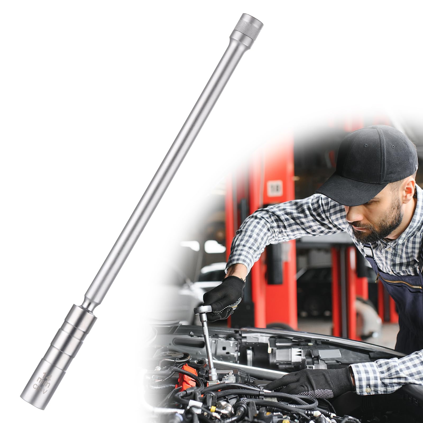 Zocipro Długi pręt 14mm gniazdo świecy zapłonowej, cienkościenny uniwersalny przegubowy klucz do świec zapłonowych, 3/8" 12-punktowe magnetyczne gniazdo świecy zapłonowej, narzędzie do usuwania świec