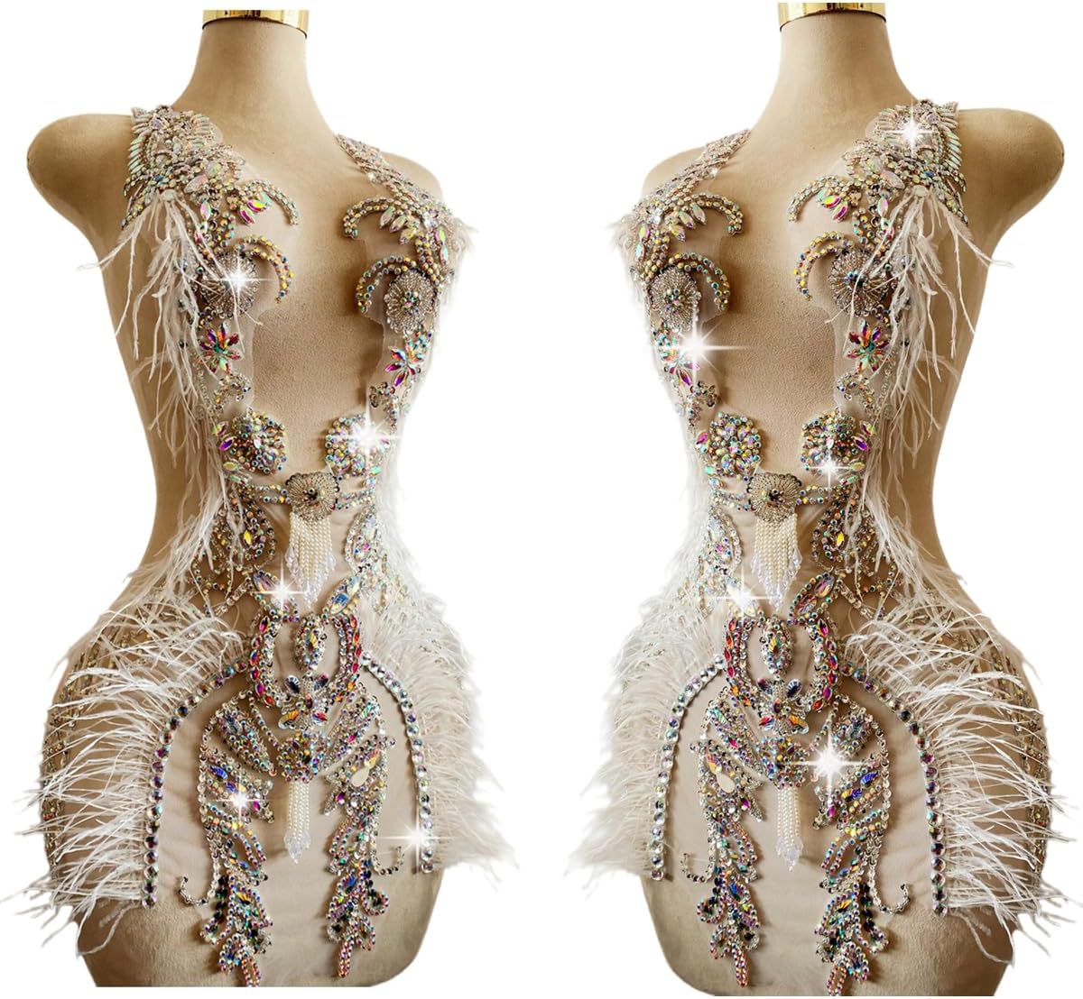 Large Size Pure Hand-Stitched Bodice Rhinestones Appliques Long Feather Decorative Bead Embroidery Trim Patches Exquisite Luxury Accessories for Dress Clothing (Orange)