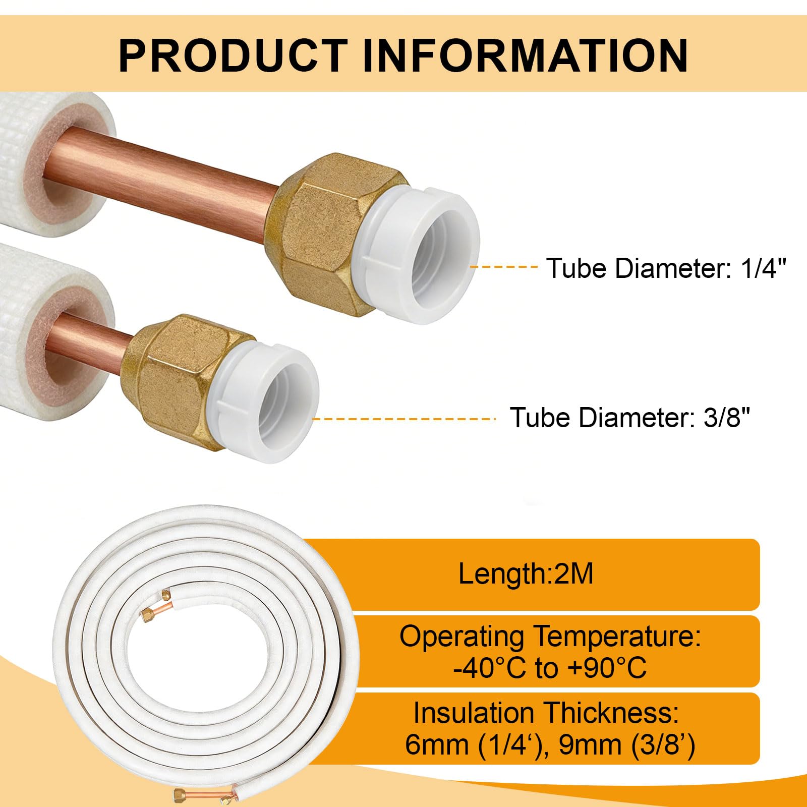 Kältemittelleitung 1/4" 3/8" 2 m, Kupferrohr Isoliert für Split-Klimaanlagen, Kältemittelleitungen Isoliert, Kälterohr 1/4 3/8 für Kältemittel R32, R410A und R407C