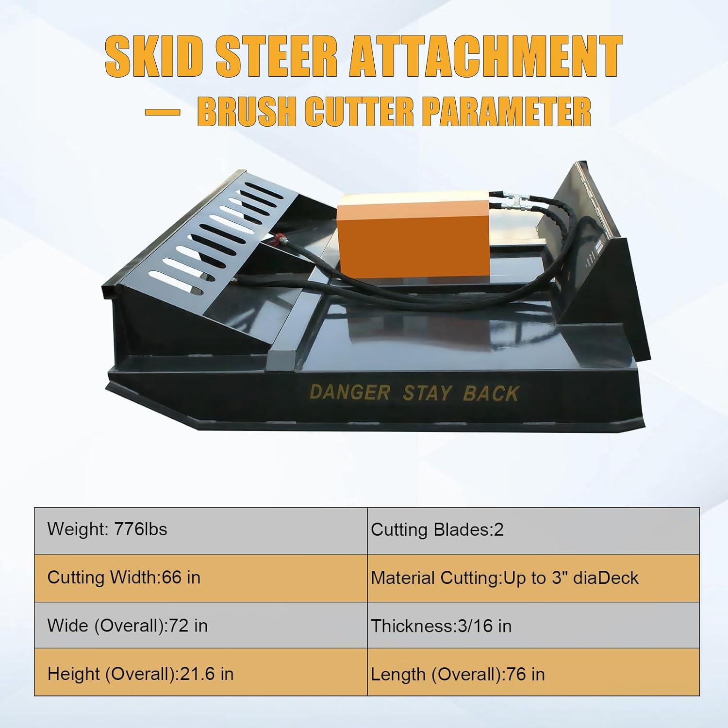 72" Wide Skid Steer Brush Cutter Attachment - 66" Cutting Width, 3" Dia Material Cut, 2 Bi-Directional Blades, 25HP Gear Box, Stump Jumper