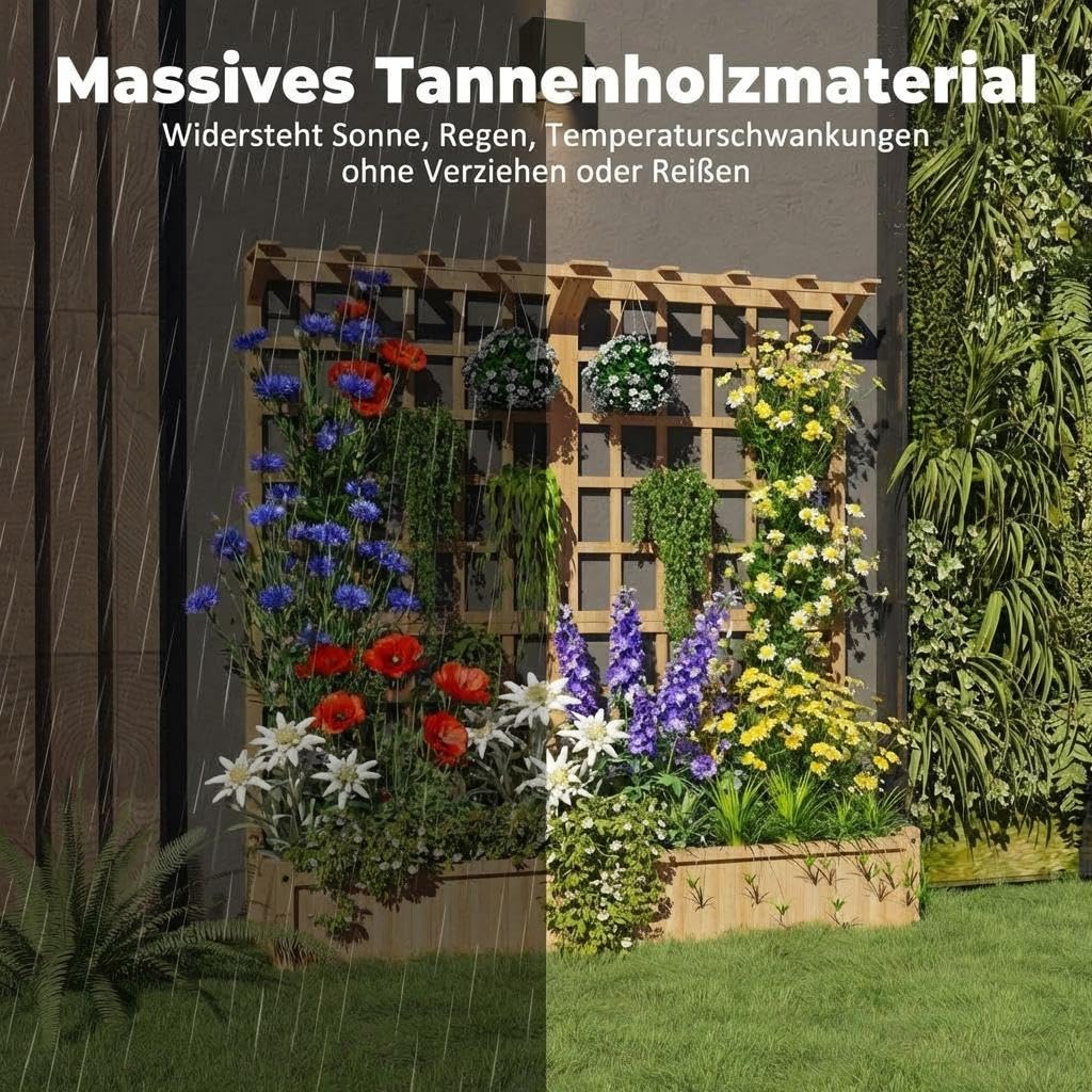 Hochbeet Holz 124x41x160cm, Rankgitter & Dach, 2 Ebenen, Balkon, Garten