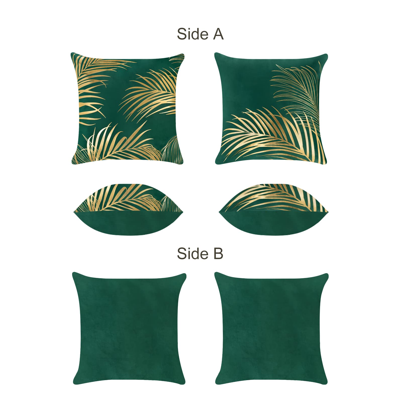 Bonhause Federe Per Cuscini 40x40 Con Foglie Oro | Morbido Velluto Verde, Cuscini Decorativi Per Divano E Letto, Set Da 2