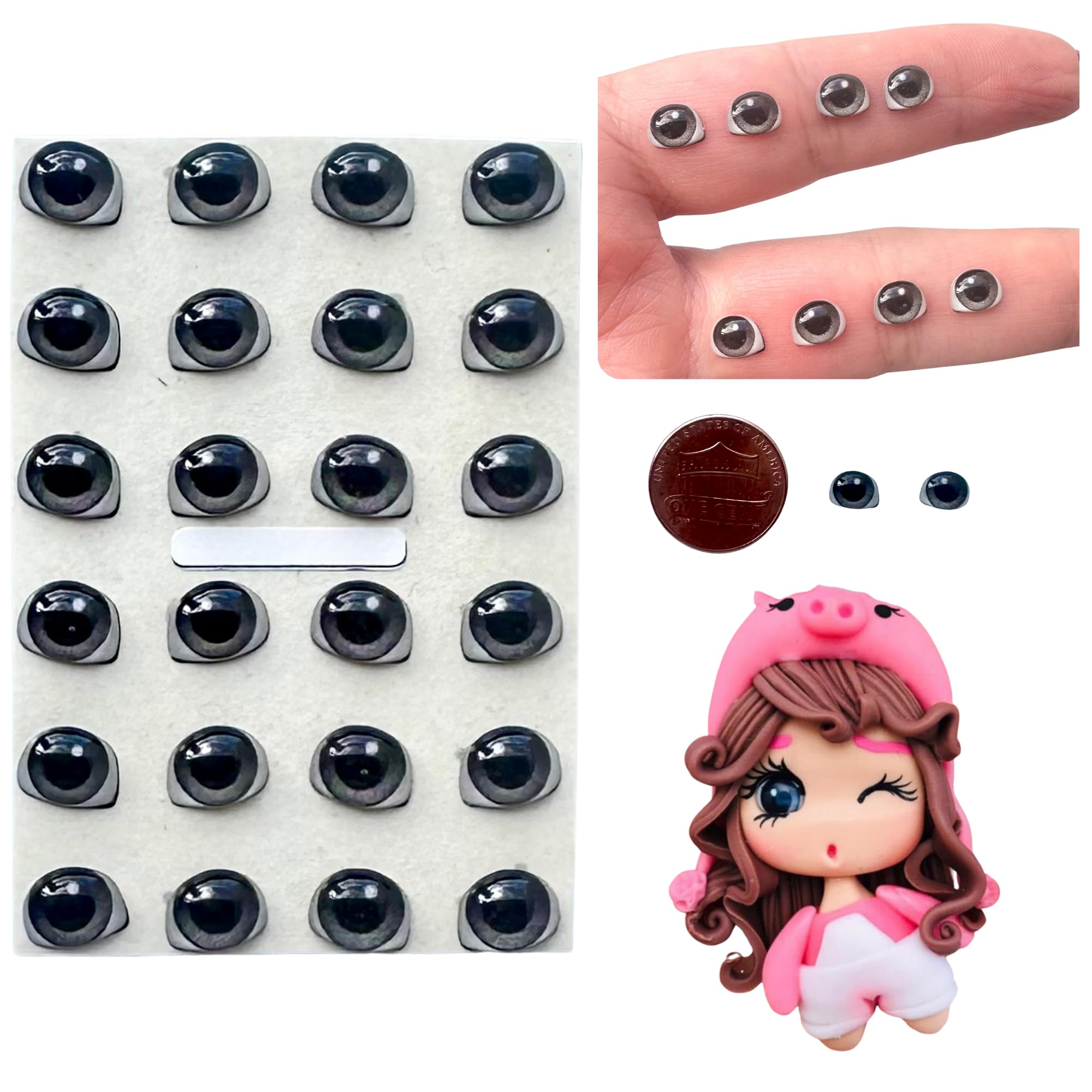 3D Resin Doll Eyes – 7mm Self-Adhesive Craft Eyes (24 pcs / 12 Pairs) – Realistic Cabochon Eyes for Amigurumi, Dolls, Polymer Clay, Cold Porcelain, Felt &amp; DIY Crafts (Gray)