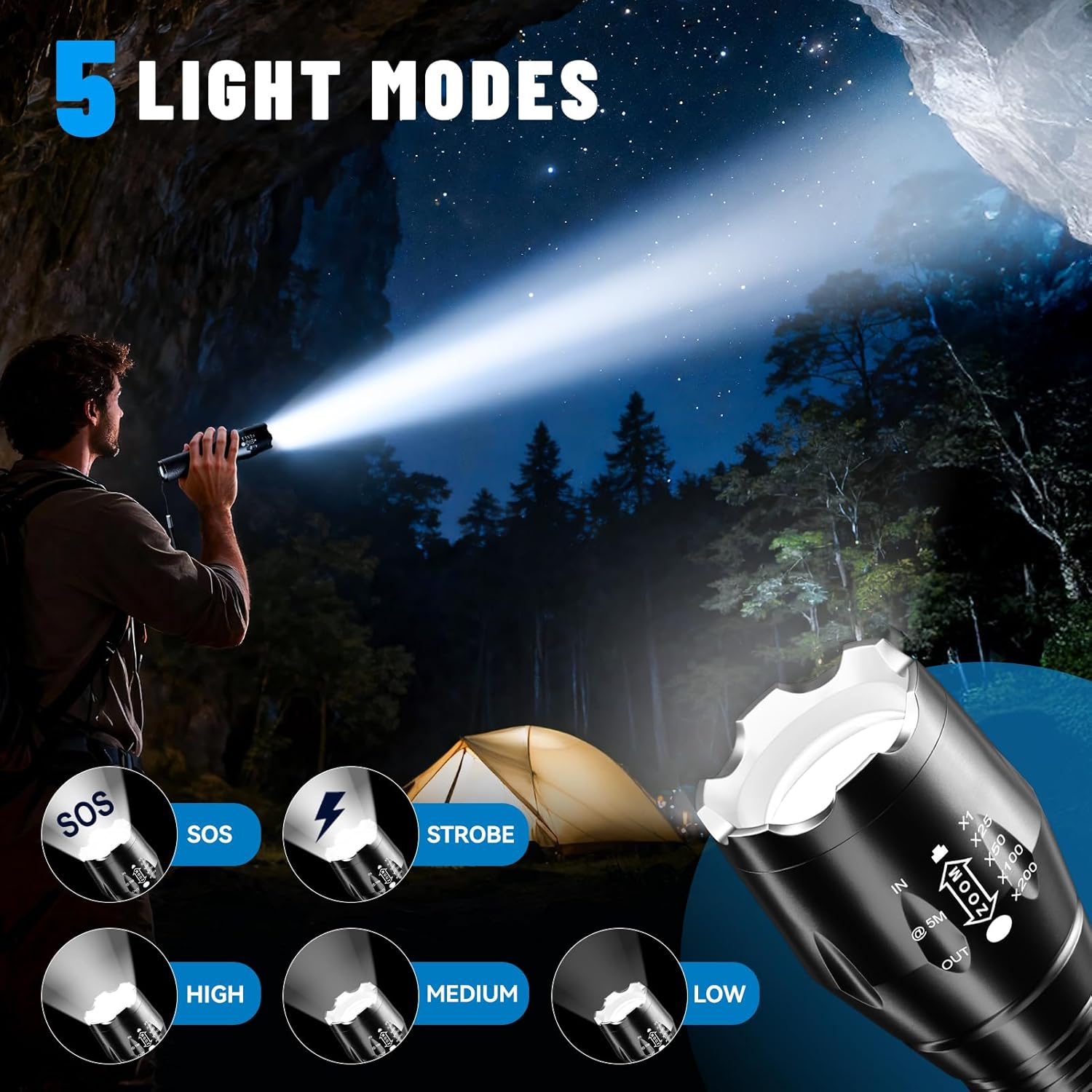 VIBELITE LED Flashlight High Lumens, 5 Modes Zoomable Waterproof Tactical Flashlight for Hiking, Camping Emergency, Cool Gadget Birthday Gifts for Men, Him, Teen Boys, Husband, Gifts for Dad, 2 Pack