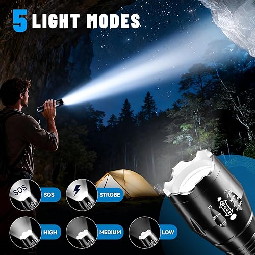 Miniatura 3 de VIBELITE Linterna LED de alto lúmenes, 5 modos de zoom, impermeable, linterna táctica para senderismo, camping, emergencia, rellenos de calcetines y