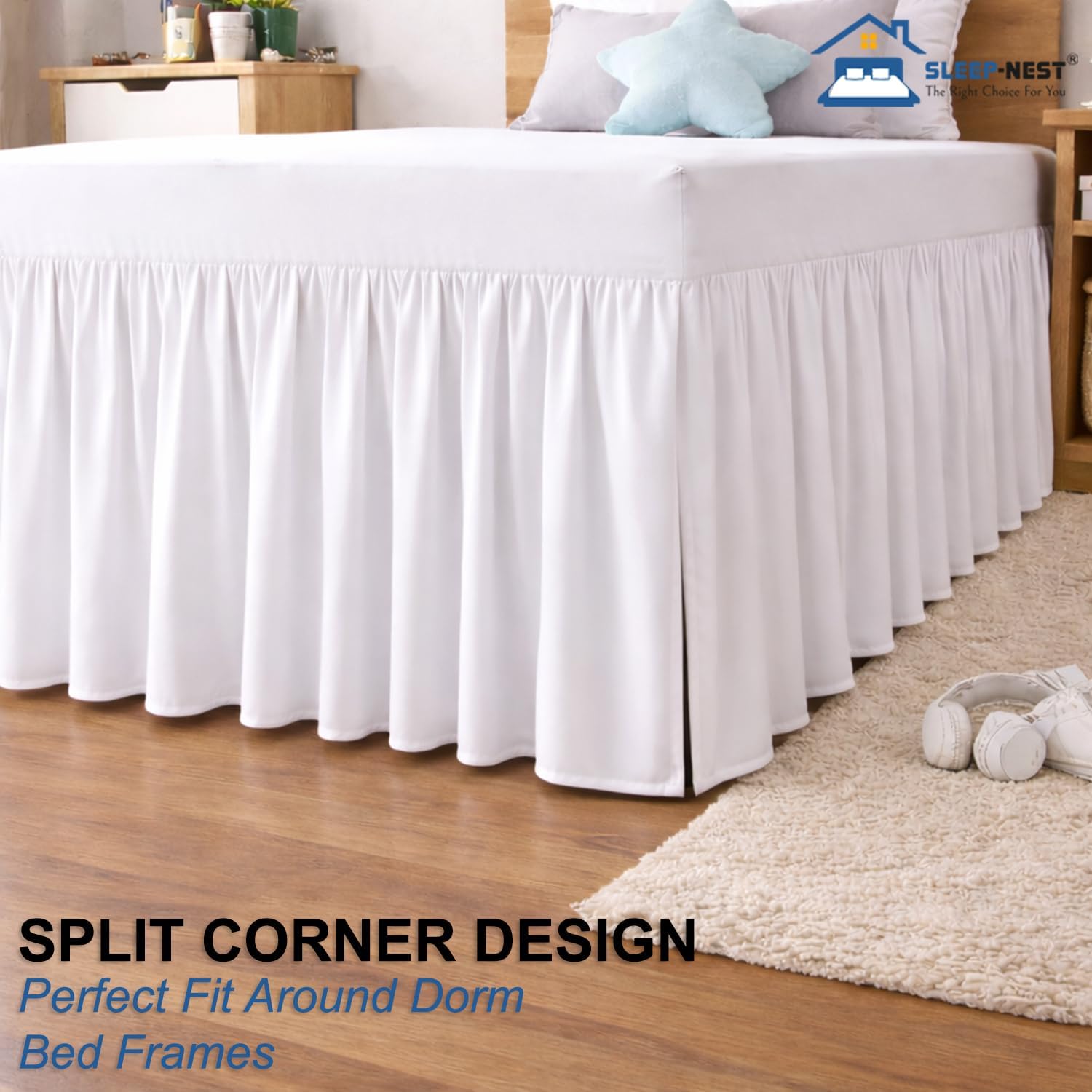 SLEEP-NEST Dorm Bed Skirt Twin XL 42 inch Drop Length - Split Corner Dust Ruffle Extra Long Bedskirt with Platform Style - College Room Essential, Durable, Easy Care (Twin XL 39" x 80") - White