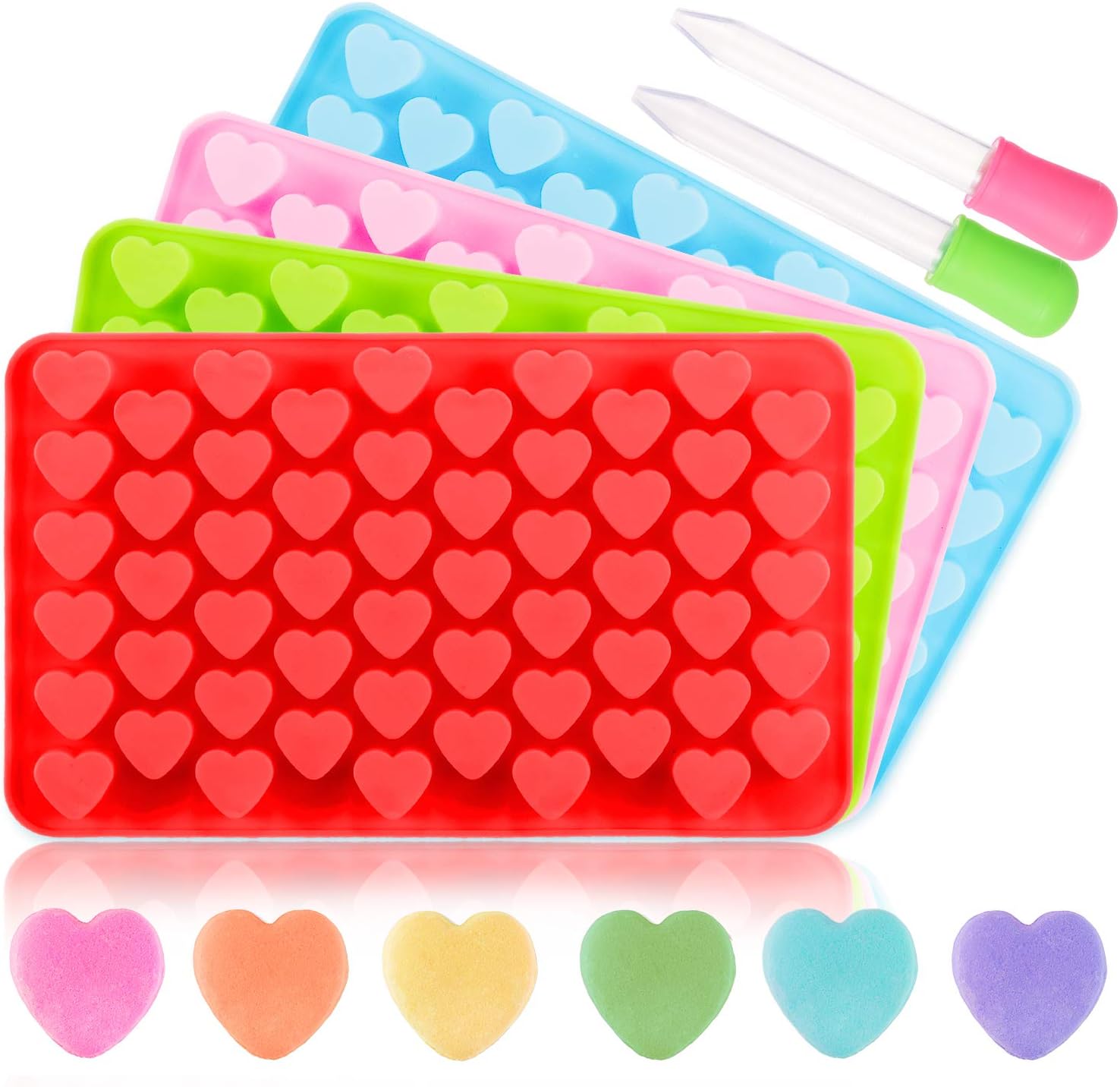 Whaline 4 Pcs Mini Silicone Heart Shape Mold Mini Heart Moulds with 2 Bonus Droppers Ice Cube Colorful Chocolate Candy Mold for Making Sweets Cake Muffin Cupcake Jelly Valentine's Day DIY Gift
