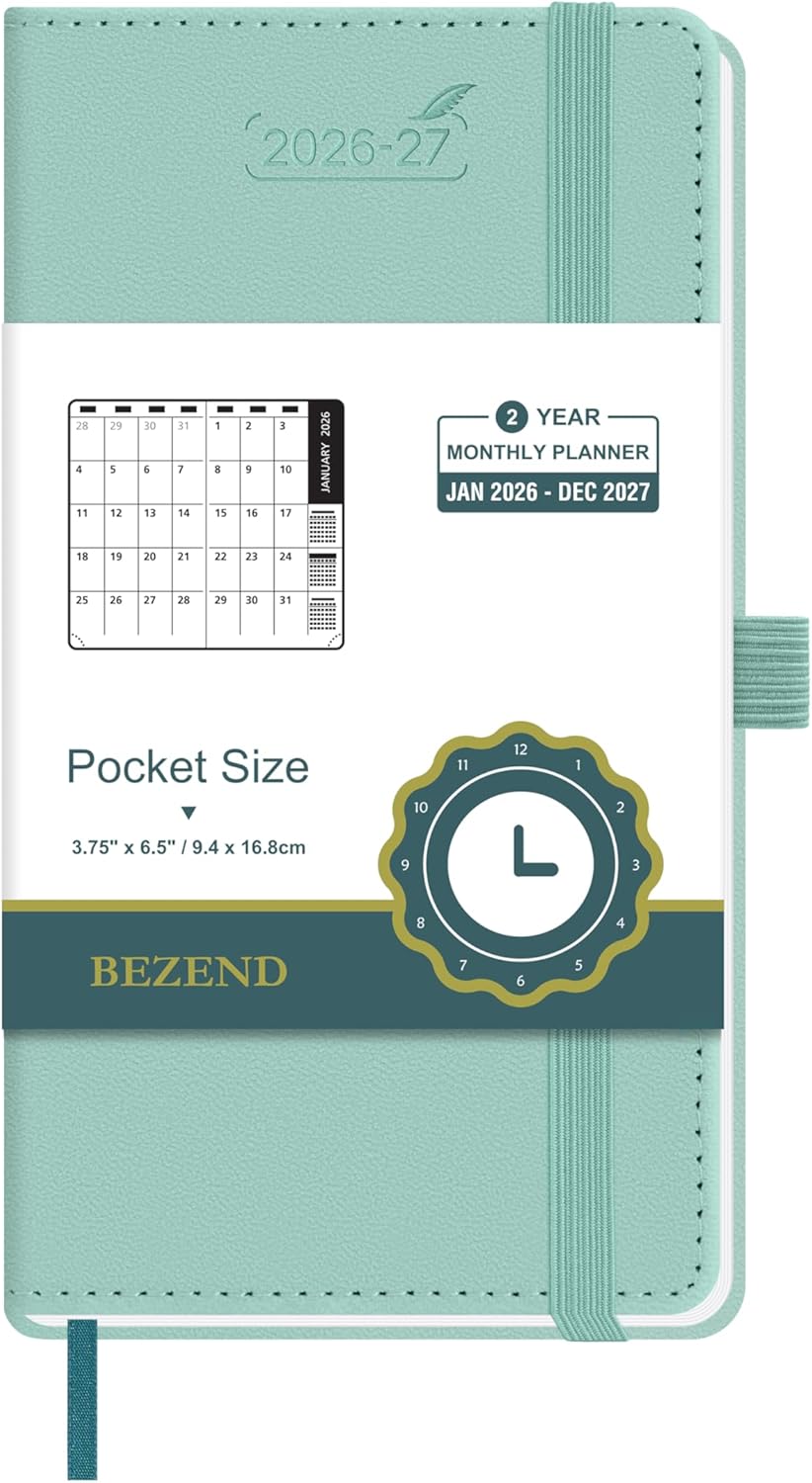 BEZEND Monthly Planner 2026-2027 (Spiral-8.5" x 11") 2 Year Calendar Book with Note Pages - Jan 26 to Dec 27-120 GSM Paper, Inner Pockets, Laminated Tabs, Vegan Leather Softcover - Mint Green